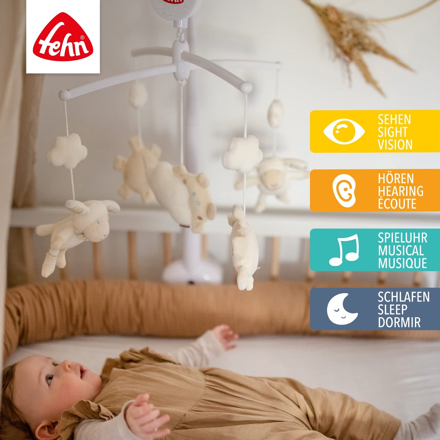 Fehn Music Mobile Sheep - Baby Sleep Aid Music Toy - Baby Mobile Music Box Melody "Sleep Child Sleep" - Music Mobile Baby Bed Accessories Toy for Babies and Newborns from 0-5 Months - 154610