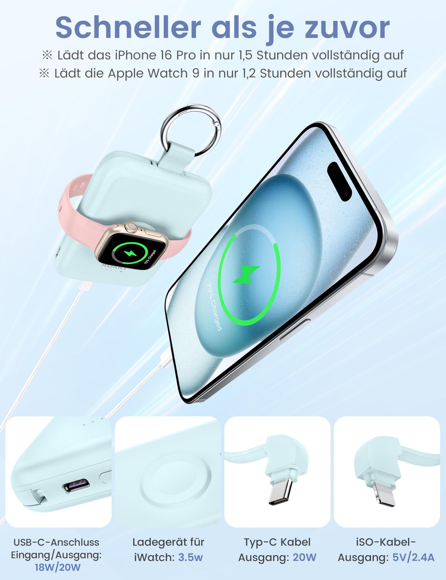 RORRY Power Bank, 10000mAh Power Bank Fast Charging Function PD 20W with Integrated Cable, Travel Portable Charger External Mobile Phone Batteries for iPhone 17/16/15/14 and Apple Watch Ultra 11/10/9/8/7/SE, Pink - D2-10000