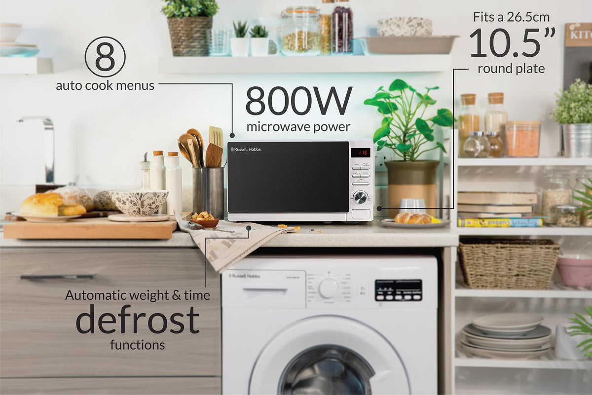 Russell Hobbs RHM2079A Digital Solo Microwave, 20 L, 800 W, 5 power levels, automatic defrosting, 8 automatic cooking menus, clock and timer, easy to clean, White - RHM2079A-EUAZ