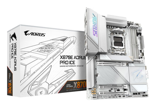 GIGABYTE X870E AORUS PRO Ice-Placă de bază - Suportă procesoare AMD Ryzen 9000, 16+2+2 faze Digital-VRM, până la 8000MHz DDR5 (OC), 3xPCIe 5.0, Wi-Fi 7, LAN 2.5GbE, USB 4