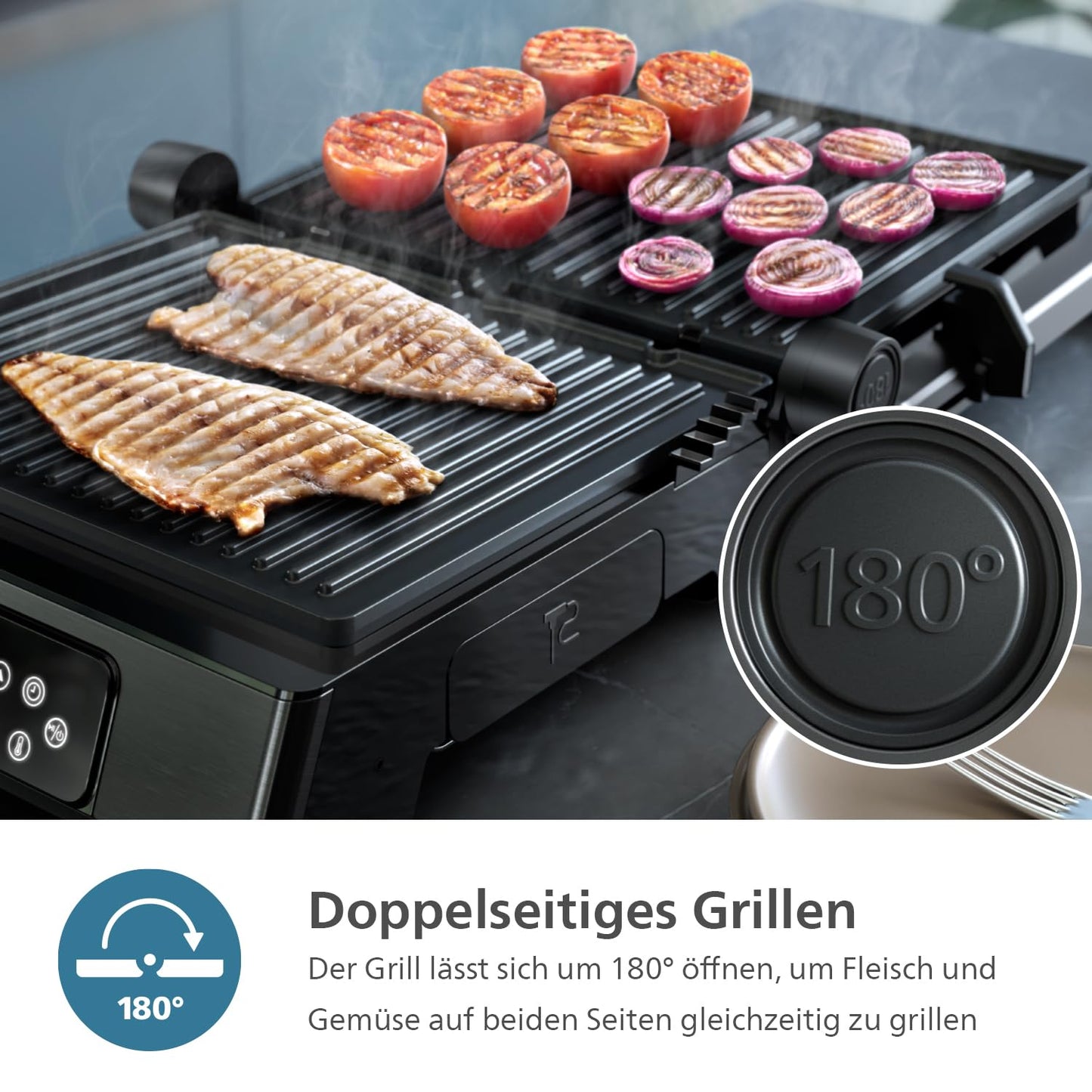 Philips contact grill - temperature sensor and 8 preset functions Grill with large grill surface. Digital temperature control 60°C-220°C. Easy to clean (HD6307/70)