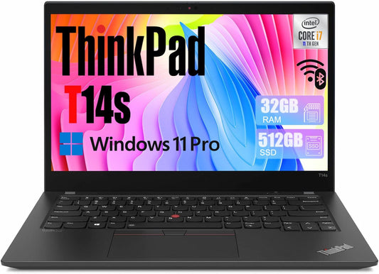 Lenovo Thinkpad T14s Gen 2 Business Laptop, 14 Inch FHD Notebook, Intel Core i7-1185G7, 32 GB RAM, 512 GB SSD, US QWERTY Keyboard, Windows 11 Pro (Refurbished)