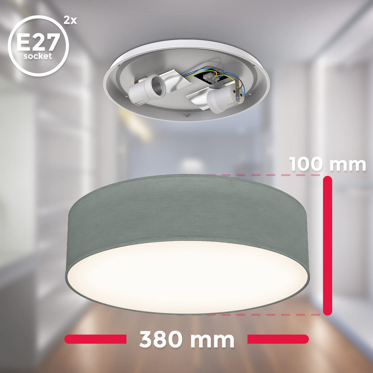 B.K.Licht - Ceiling lamp with fabric lampshade, E27 socket, max. 40 watts, ceiling light, lamp, living room lamp, bedroom lamp, kitchen lamp, ceiling lighting, 38x10 cm, gray - BKL1219