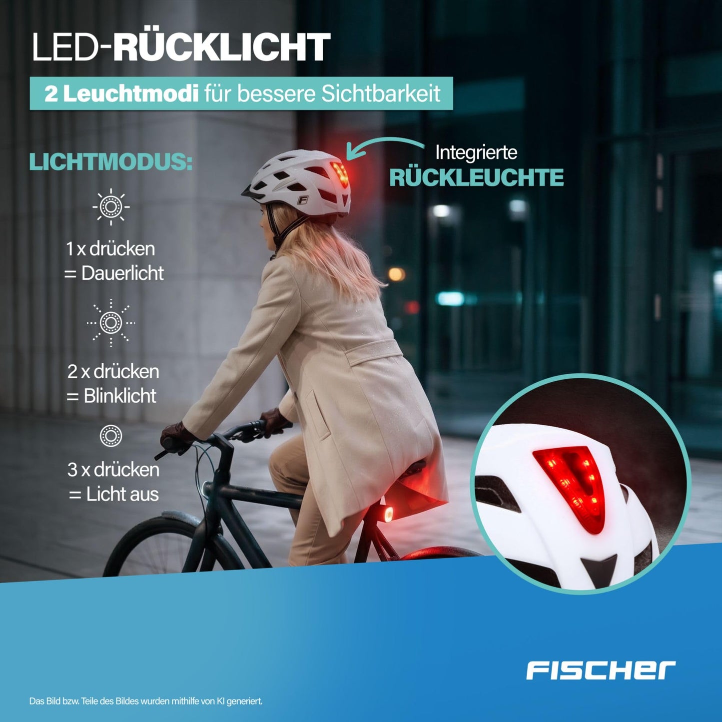 FISCHER adult bicycle helmet, cycling helmet, city helmet Urban Plus Atlanta, S/M, 52-59cm, white, with integrated LED rear light - 50630