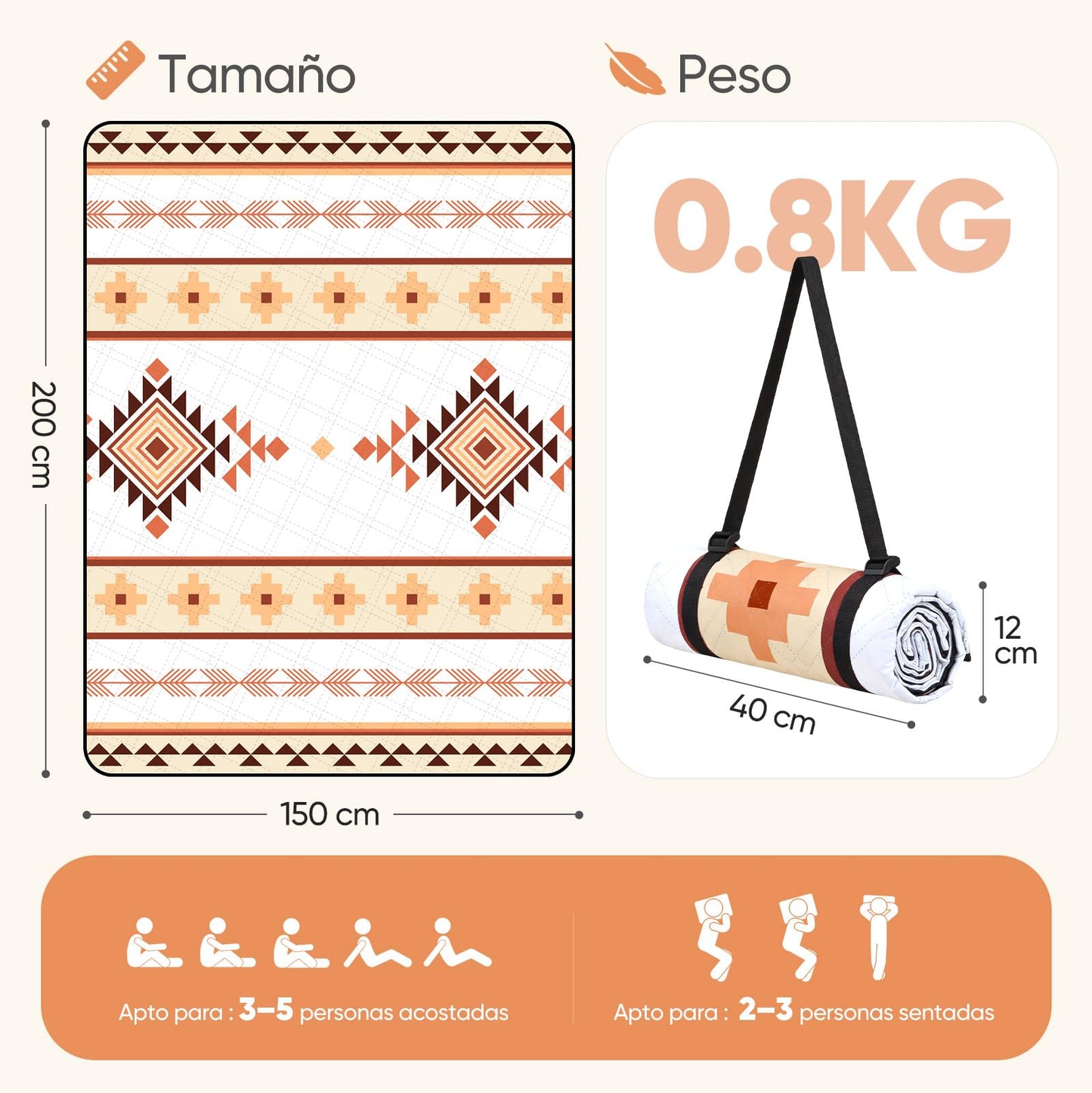 Sekey Boho Picnic Blanket Waterproof 150 x 200 cm Beach Blanket Sand Free | Padded, three-layer structure, PEVA waterproof base, tie strap carry strap, suitable for picnic, camping, beach - PM13