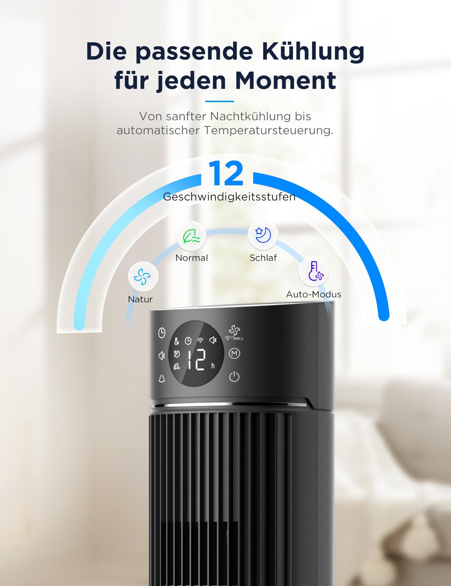 Midea FZ10-26ARDW Smart Quiet Tower Fan with Remote Control, 19 dB Whisper Quiet, DC Motor, 4 Modes & 12 Levels, 24h Timer, App Control for Bedroom, Living Room & Office, Black, 105cm - FZ10-26ARDW(BL)