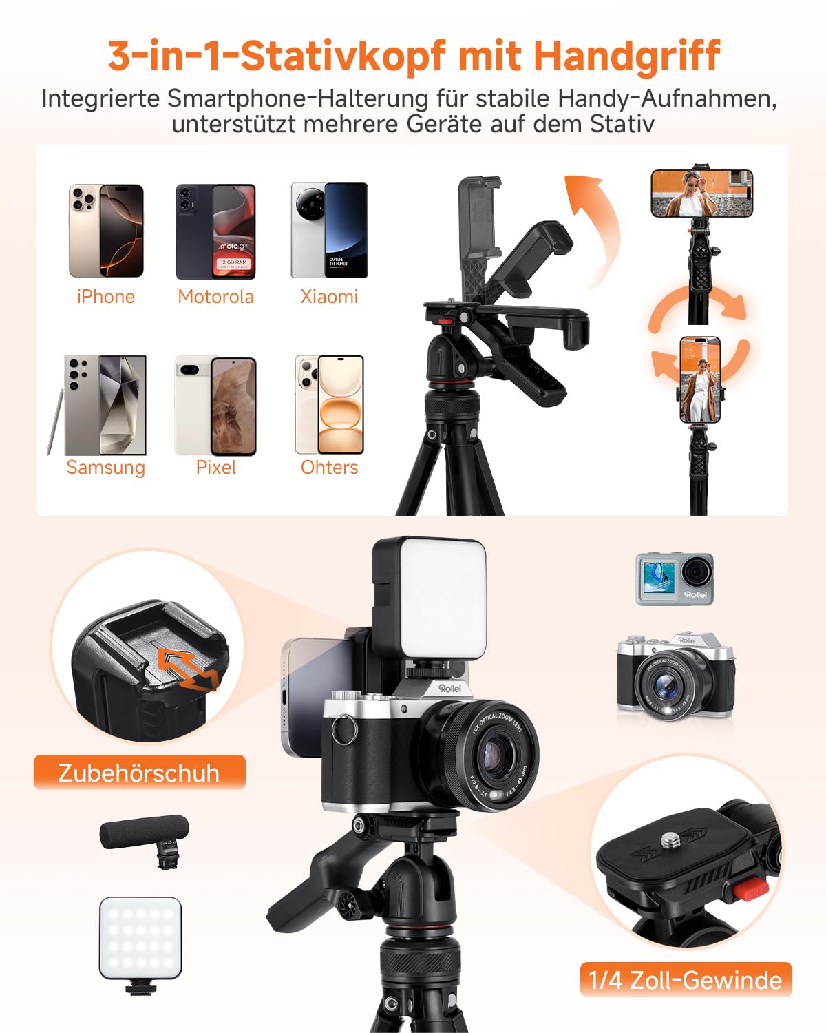 Rollei Compact Creator tripod camera, 152 cm travel tripod made of aluminum, lightweight and space-saving photo tripod with integrated mobile phone holder and remote shutter release for DSLR and mobile phone, camera tripod travel tripod - 26930