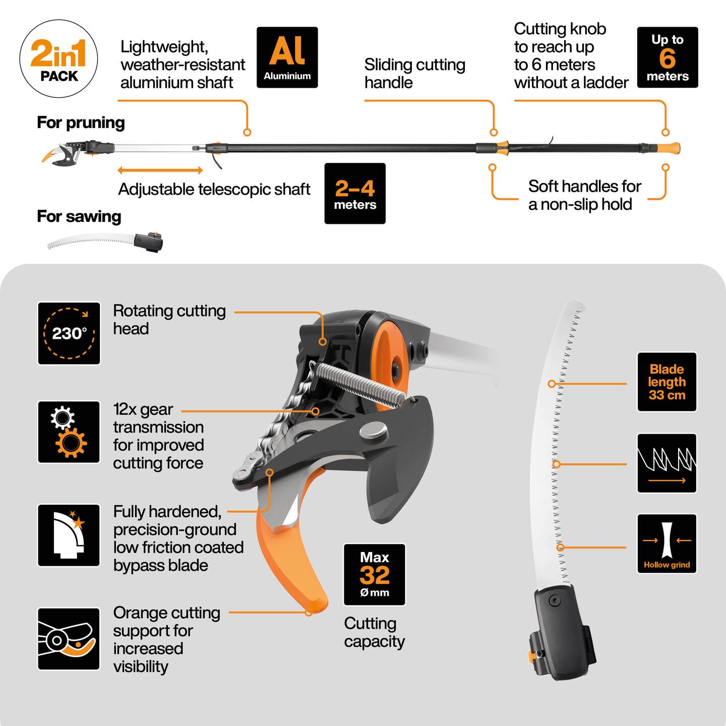 Fiskars cutting giraffe set, 2 pieces, bypass telescopic cutting giraffe UPX86 (length 2.4 - 4 m) and tree saw for bypass telescopic cutting giraffe UPX86 and UPX82 (length: 46 cm), 1077330