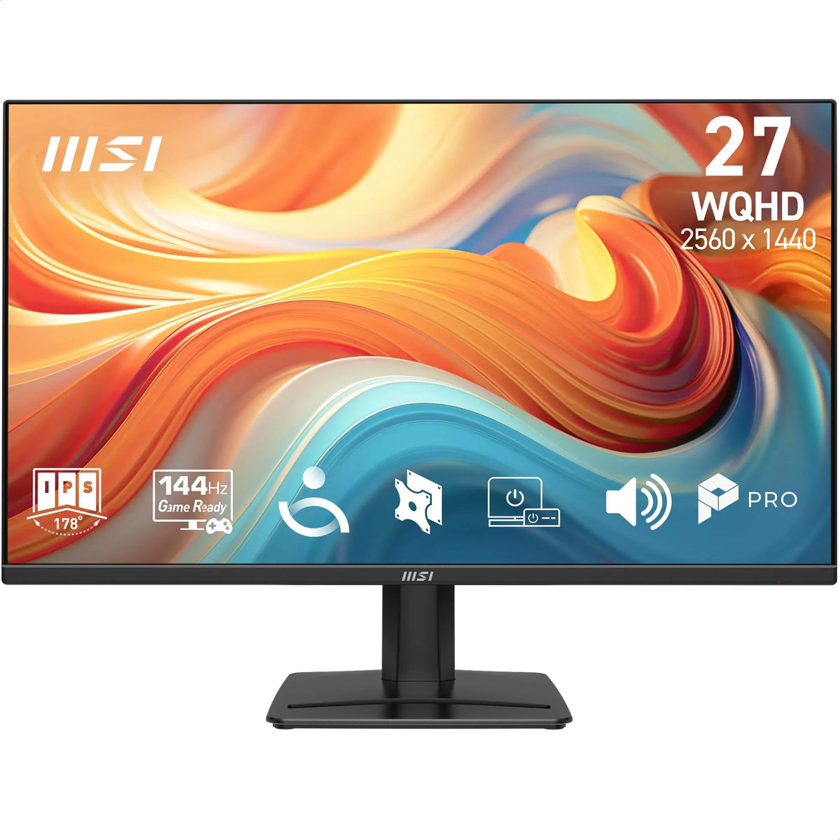 MSI PRO MP275QA E14 – 27″ WQHD IPS, 144 Hz, 1 ms, HDR & Adaptive-Sync. Cu Eye Care, difuzoare integrate, HDMI 2.0b, DP 1.2a, design fără margini, înclinat și compatibil VESA, de culoare neagră. - 4711377397247