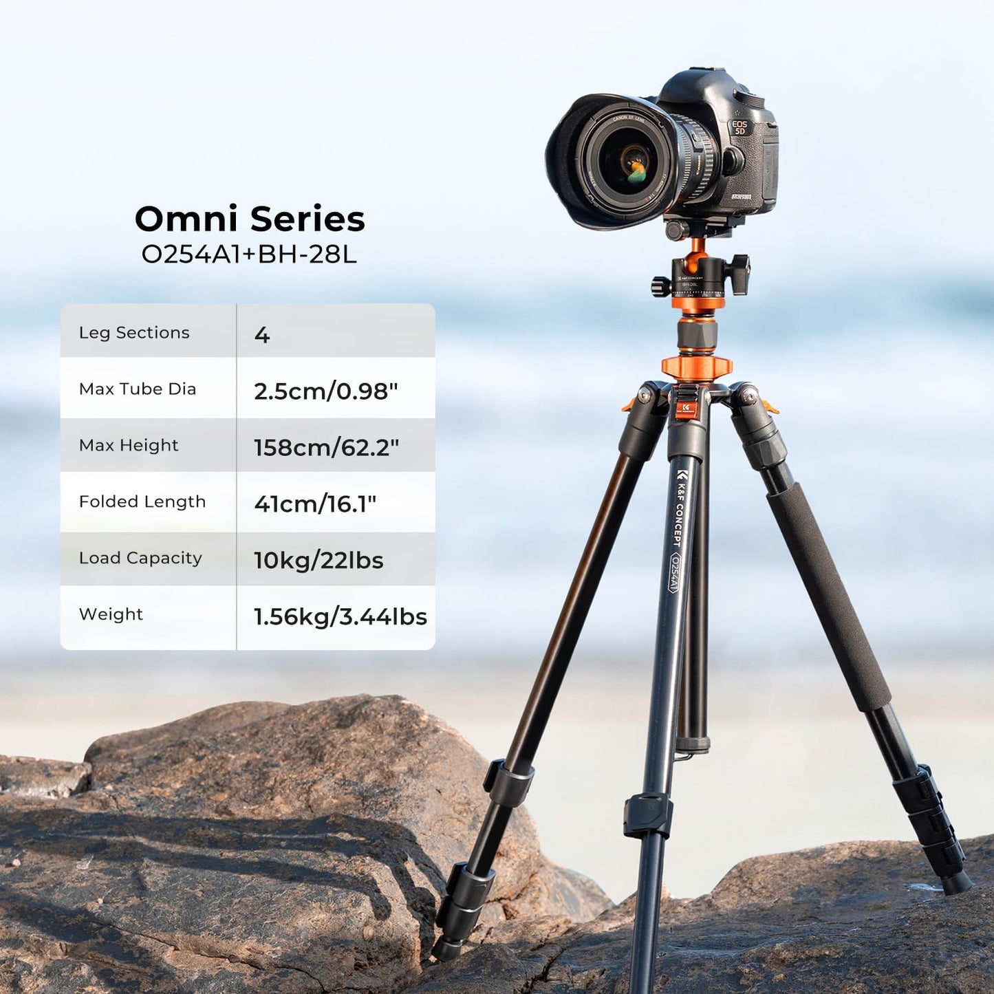 K&F Concept O254A1 camera tripod, compact tripod 158cm for SLR camera, DSLR tripod travel tripod with 360° ball head incl. quick-release plate tripod bag - O254A1+BH-28L