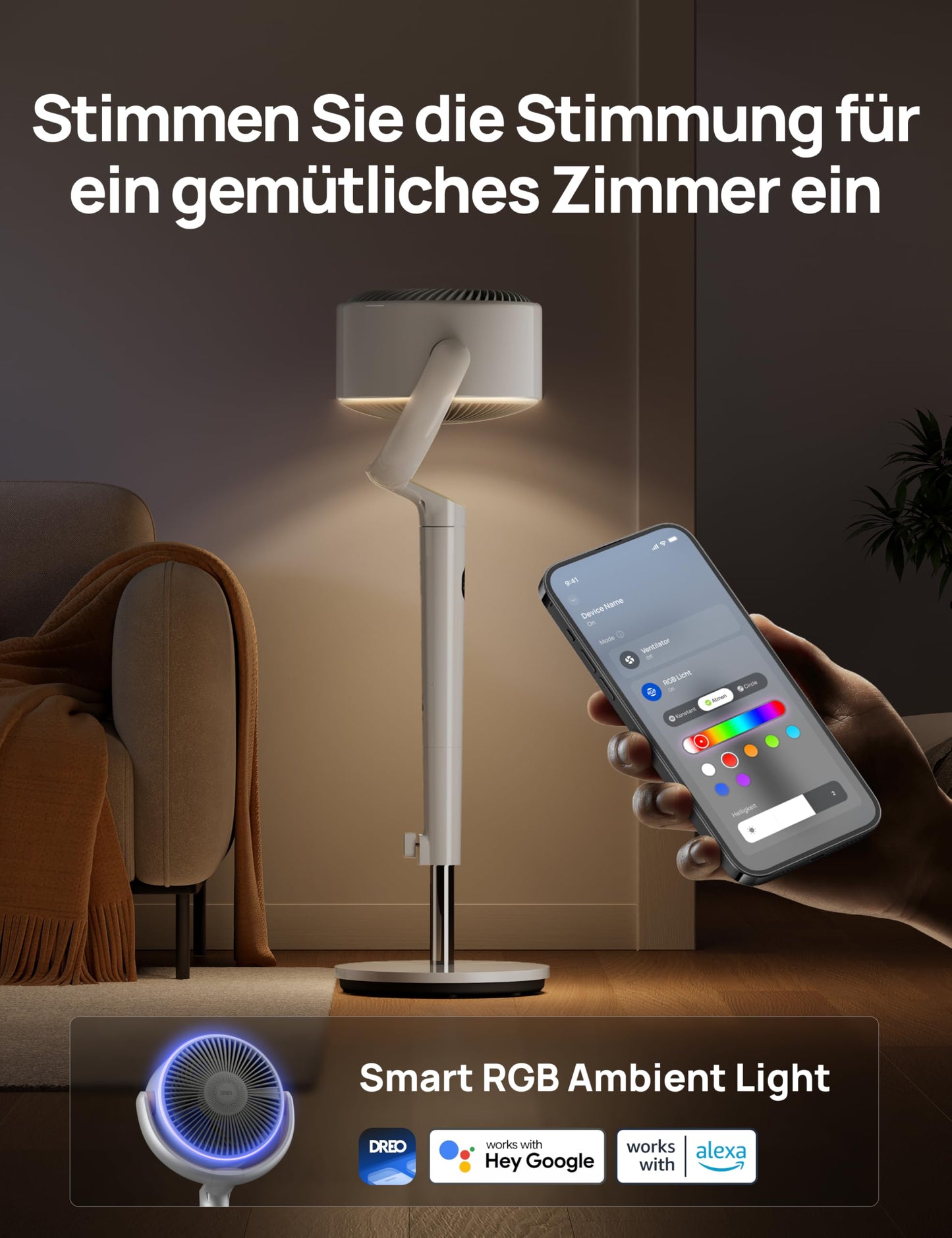 Dreo Smart Pedestal Fan with RGB Light, 120° +120° Oscillating Fan with Remote Control, 20dB Quiet Floor Fan for Bedroom, 90ft, 8H Timer, White - DR-HPF008S