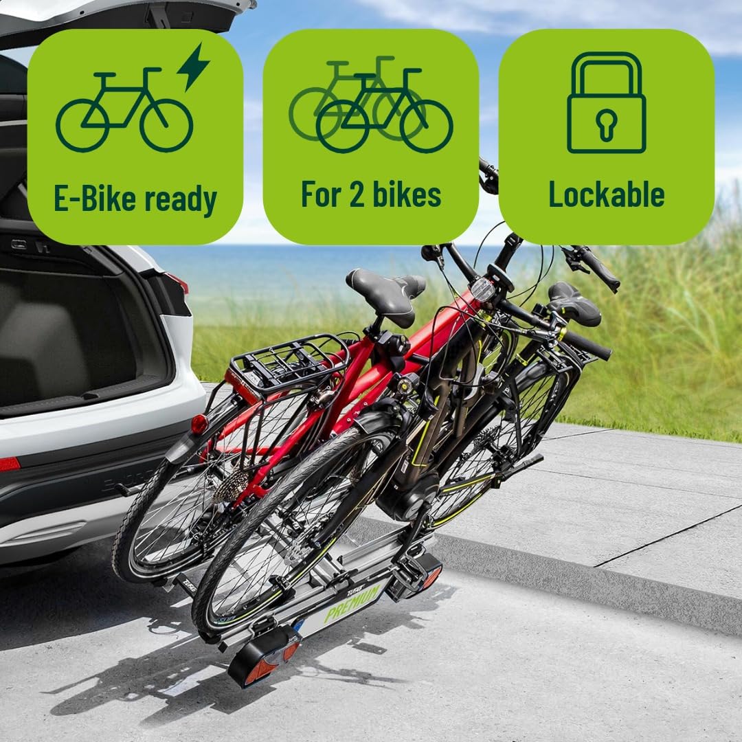 EUFAB 12011LAS PREMIUM bicycle carrier, suitable for e-bikes, completely pre-assembled, anti-theft protection, for 2 bicycles, for trailer hitch, black, gray