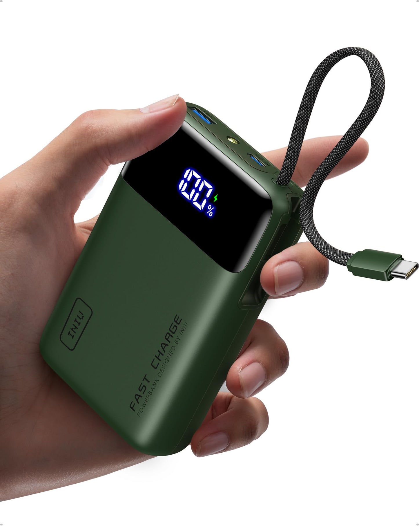 INIU 45W Power Bank, Ultra Small 20000mAh Power Bank with Integrated USB C Cable, Quick Charging External Mobile Phone Batteries for Camping, Hiking, Outdoor Activities, Festival Use, Green - P51L