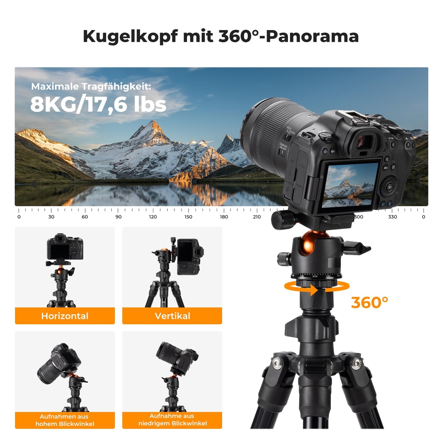 K&F CONCEPT O234A1 camera tripod with extension arm, 195cm mobile phone tripod, tripod for on the go, tripod for smartphone with mobile phone holder, aluminum travel tripod with BH-36 ball head - K234A0+BH-28L+Auslegearm