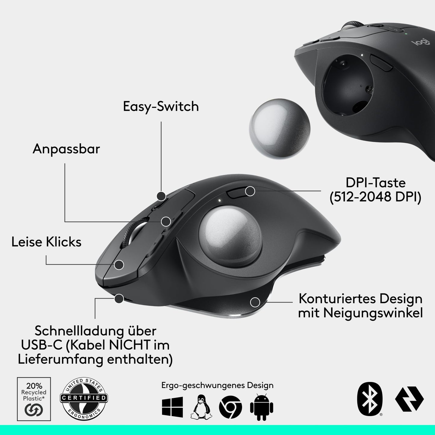 Logitech MX Ergo S Advanced Wireless Trackball Mouse, USB-C Rechargeable Wireless Ergonomic Mouse with Bluetooth and Encrypted Dongle, 6 Programmable Buttons, for PC/Mac - Graphite - 910-007260