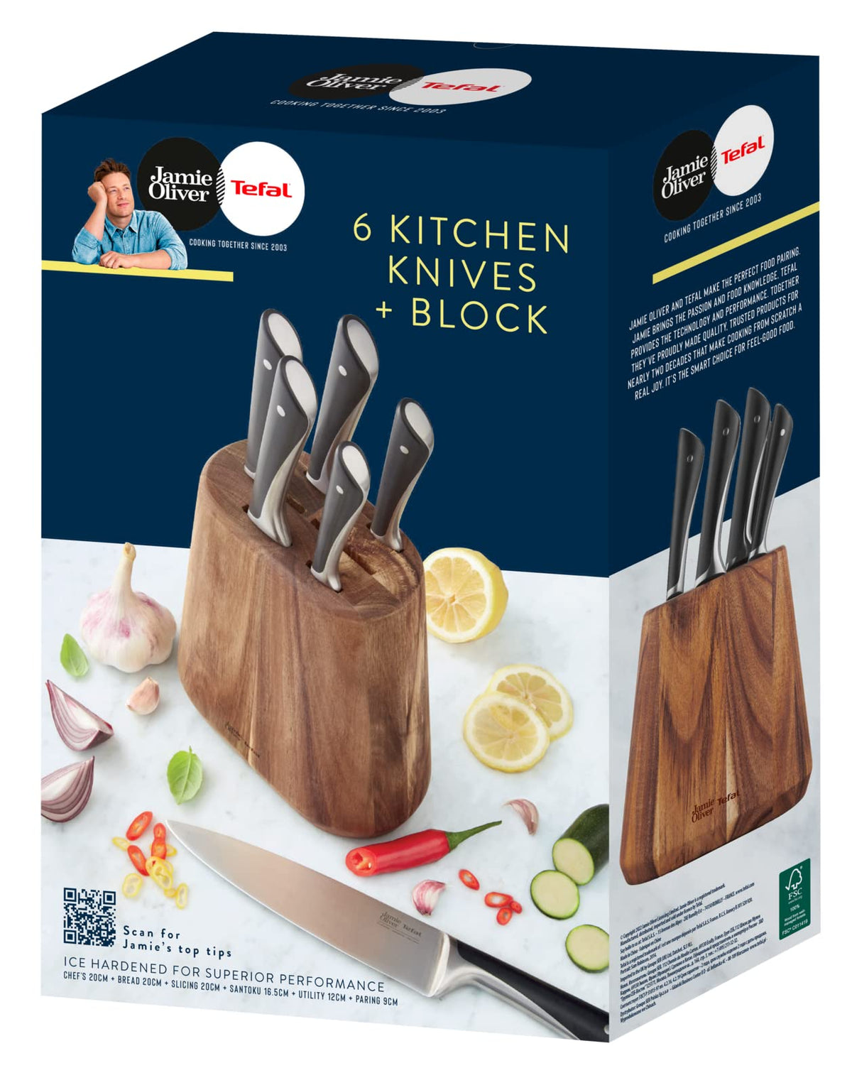 Tefal Jamie Oliver set de 7 piese, 6 cuțite de bucătărie + suport pentru cuțite din lemn de acacia, performanță de tăiere ridicată, design inconfundabil, lame rezistente și durabile, Maro/Negru, K267S7 - K267S656