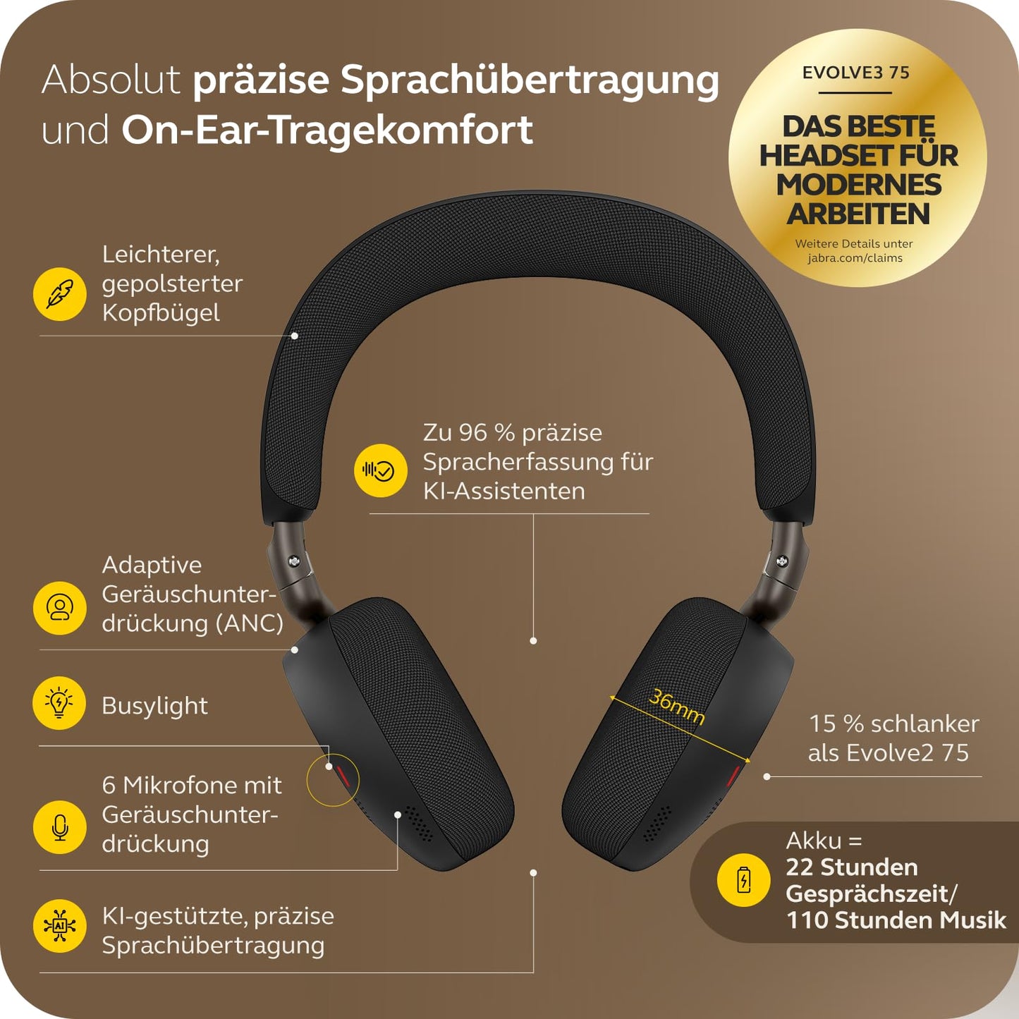 Jabra Evolve3 75 on-ear Bluetooth headset wireless with microphone for office, USB-C, AI voice call, advanced active noise cancellation, 22h battery, for online meeting apps, black - 37599-989-899