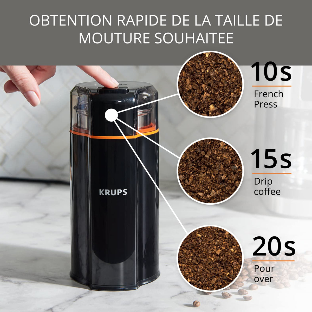 Krups GX3328 Silent Vortex Moară electrică pentru cafea și condimente | 3 în 1 mecanism de măcinare pentru boabe de cafea, condimente, ierburi | super silențioasă | lavabilă în mașina de spălat vase | bol de măcinare detașabil + capac | Negru