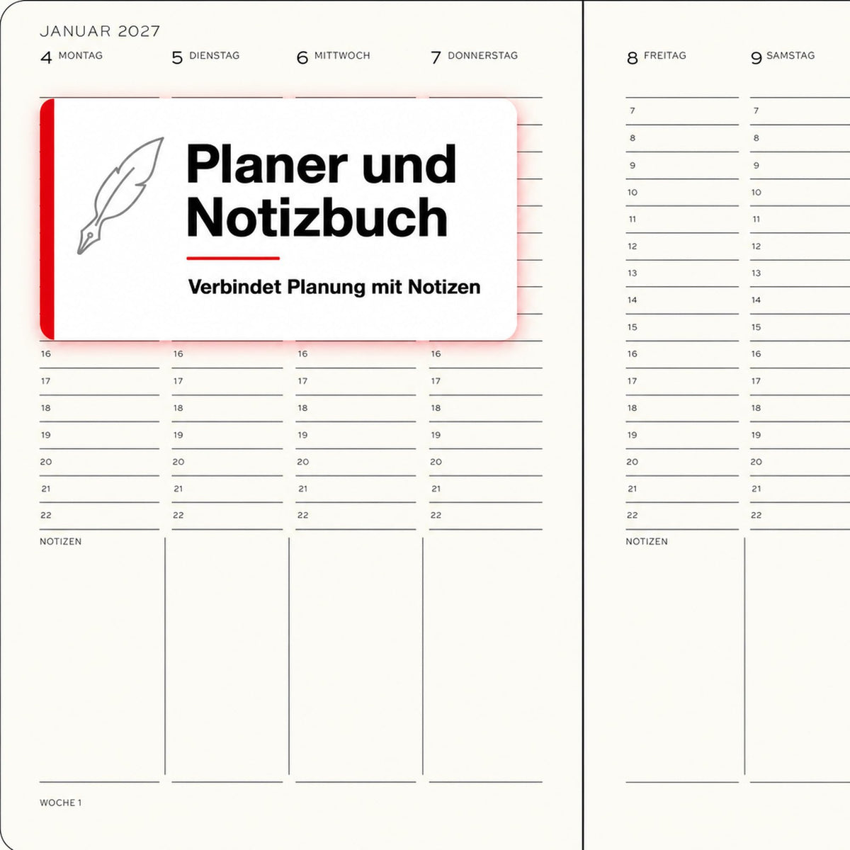 LEUCHTTURM1917 weekly planner 2027 medium (A5) - German, black, 210 x 145 mm, January-December (12 months), weekly overview with hourly grid 7:00-22:00 per column, hardcover, 80 g/m² paper - 400145
