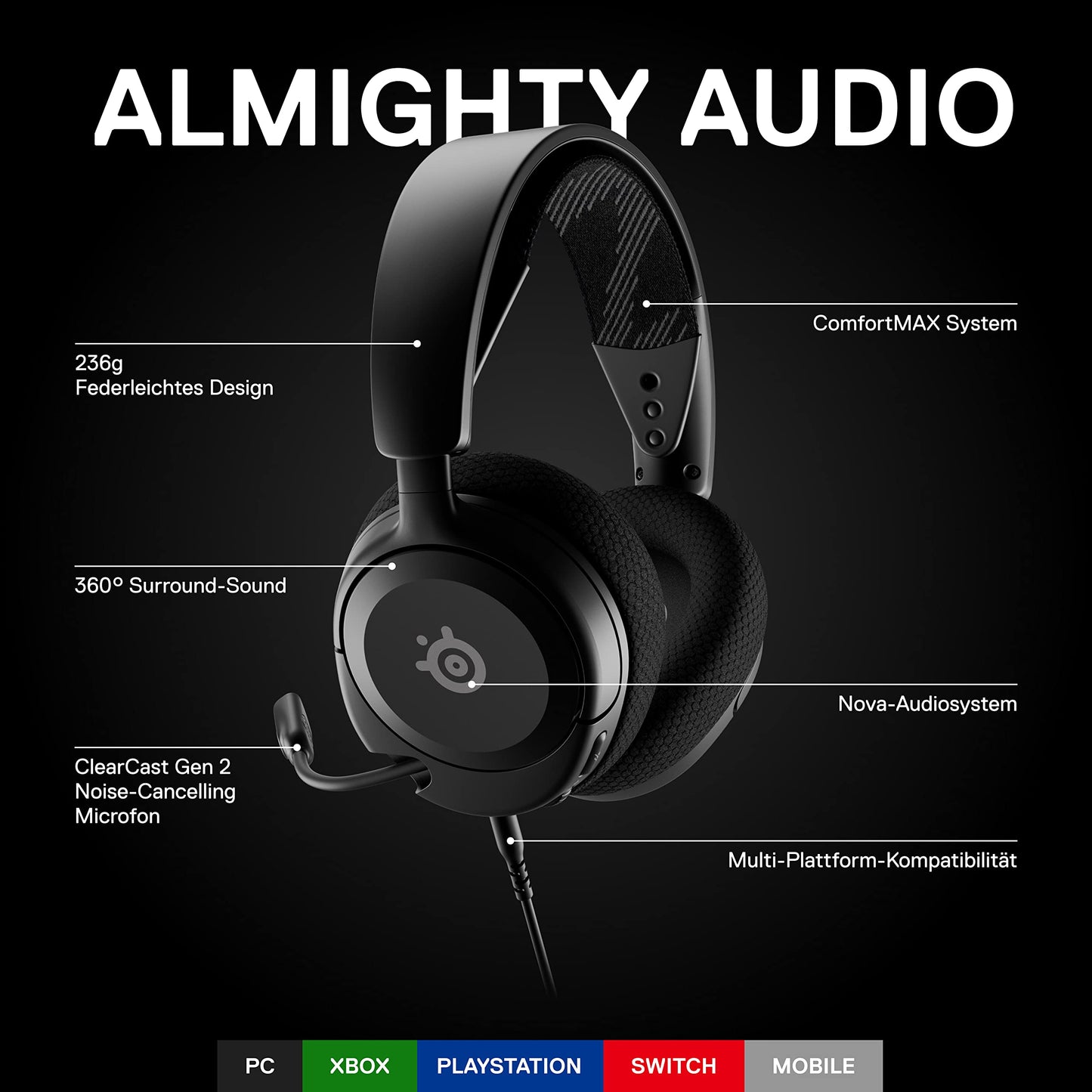 SteelSeries Arctis Nova 1 - Multi-System Gaming Headset - Hi-Fi Drivers - 360° Surround Sound - AirWeave Memory Foam Ear Pads - Noise Canceling Microphone - PC, PS5, Xbox - Black - 61606