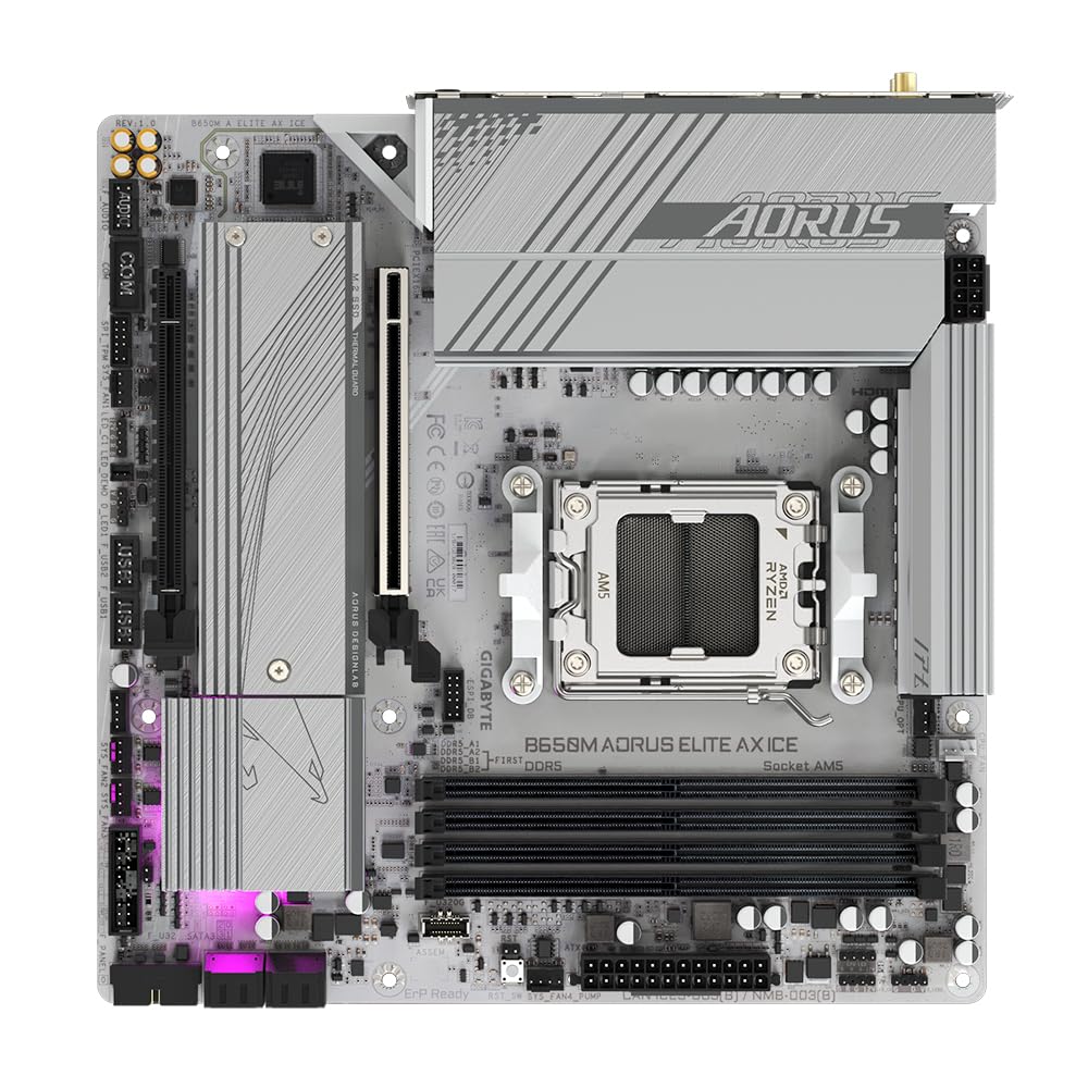 GIGABYTE B650M AORUS Elite AX Ice Mainboard - AMD Ryzen 9000 Series, 12+2+2 Phase VRM, up to 8000 MHz DDR5 (OC), 1x PCIe 5.0 + 1x PCIe 4.0 M.2, 2.5 GbE LAN, WiFi 6E, USB 3.2 Gen 2x2