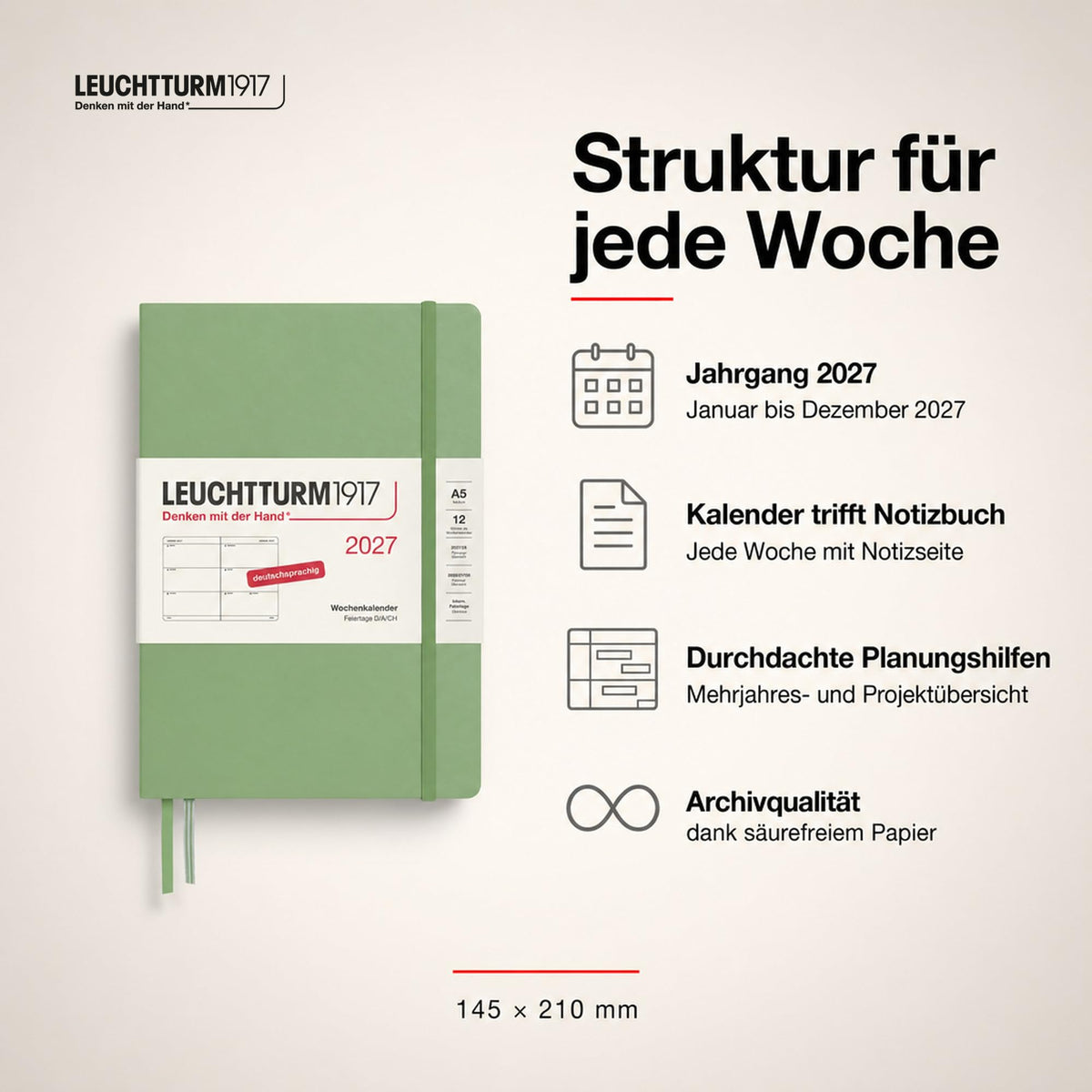 LEUCHTTURM1917 Calendar săptămânal 2027 Mediu (A5) - Germană, Salvie, Hardcover, 145 x 210 mm, 12 luni - ianuarie-decembrie 2027, 1 săptămână pe pagină dublă, hârtie de 80 g/m² cu compatibilitate ridicată cu cerneală - 400105