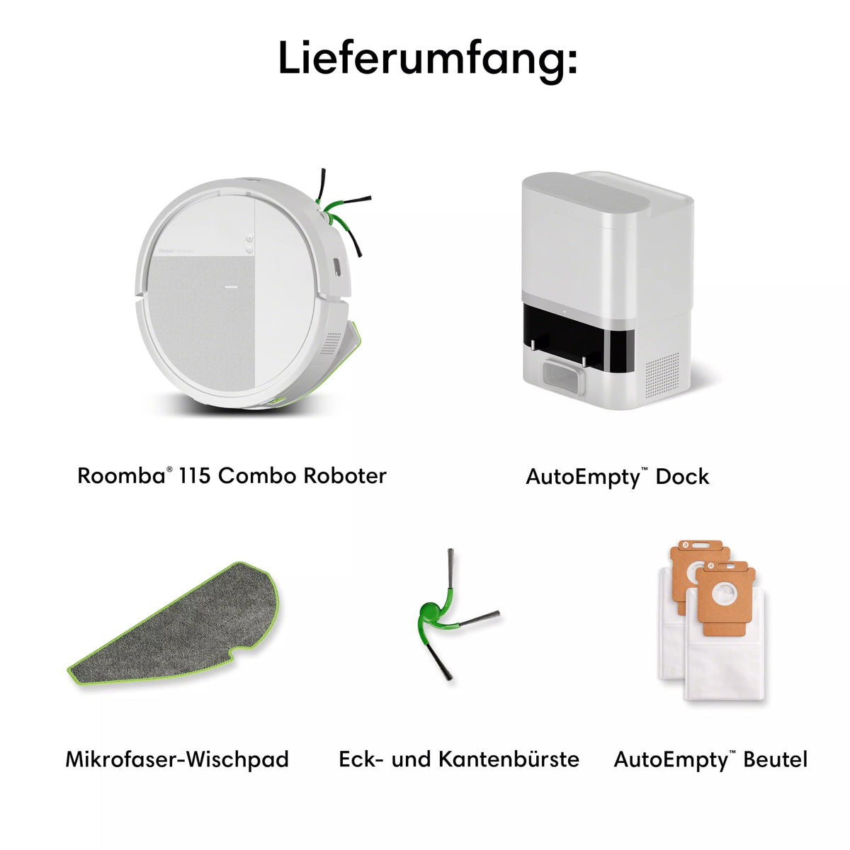 iRobot Roomba® 115 Combo Robot de aspirare și mop + Stație AutoEmpty™, putere de aspirație de 15k Pa, perii și pad de ștergere incluse, navigare cu Clearview™ LiDAR, Alb - Y454240