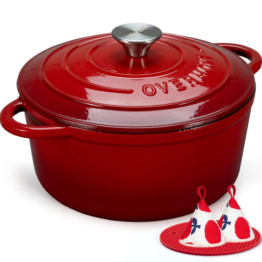 Tavă de copt Overmont din fontă emailată - caserolă de 24 cm sigură pentru cuptor - cu capac și carte de bucate - pentru copt, fierbere, prăjire în bucătărie, roșie - Emailată