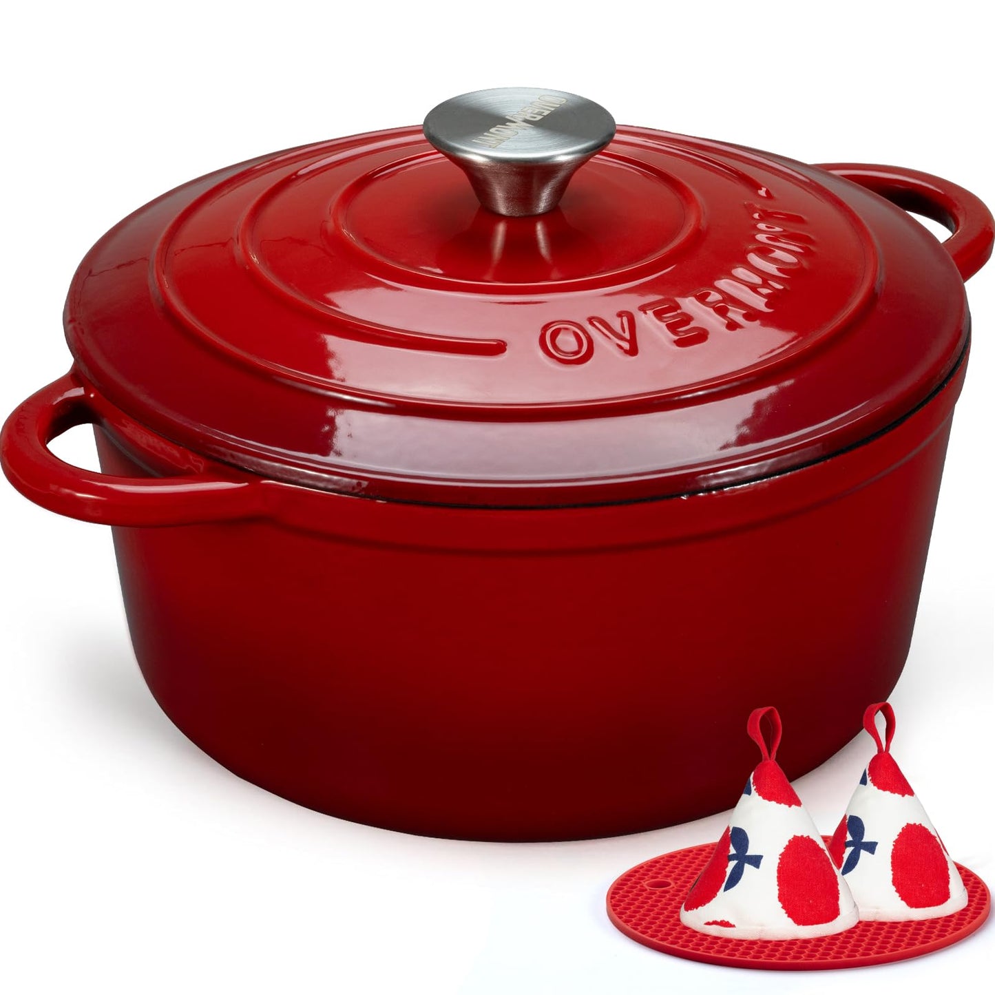 Overmont roasting pan enamel cast iron pot - casserole 28cm oven-safe - with lid and cookbook - for kitchen baking stewing roasting red - Enamelled