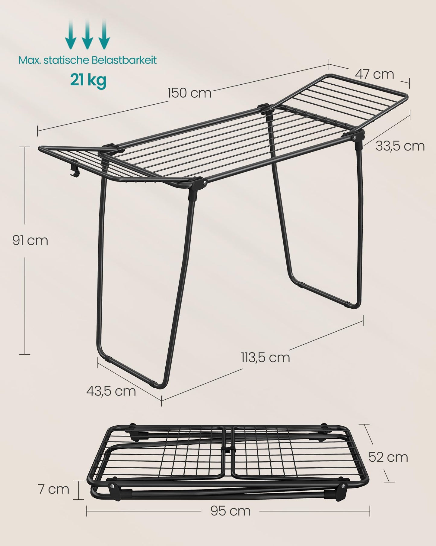 SONGMICS clothes airer, stand dryer 47 x 150 x 91 cm, wing clothes airer, wing clothes dryer, space-saving, metal, for clothes, towels, ink black LLR520BH01