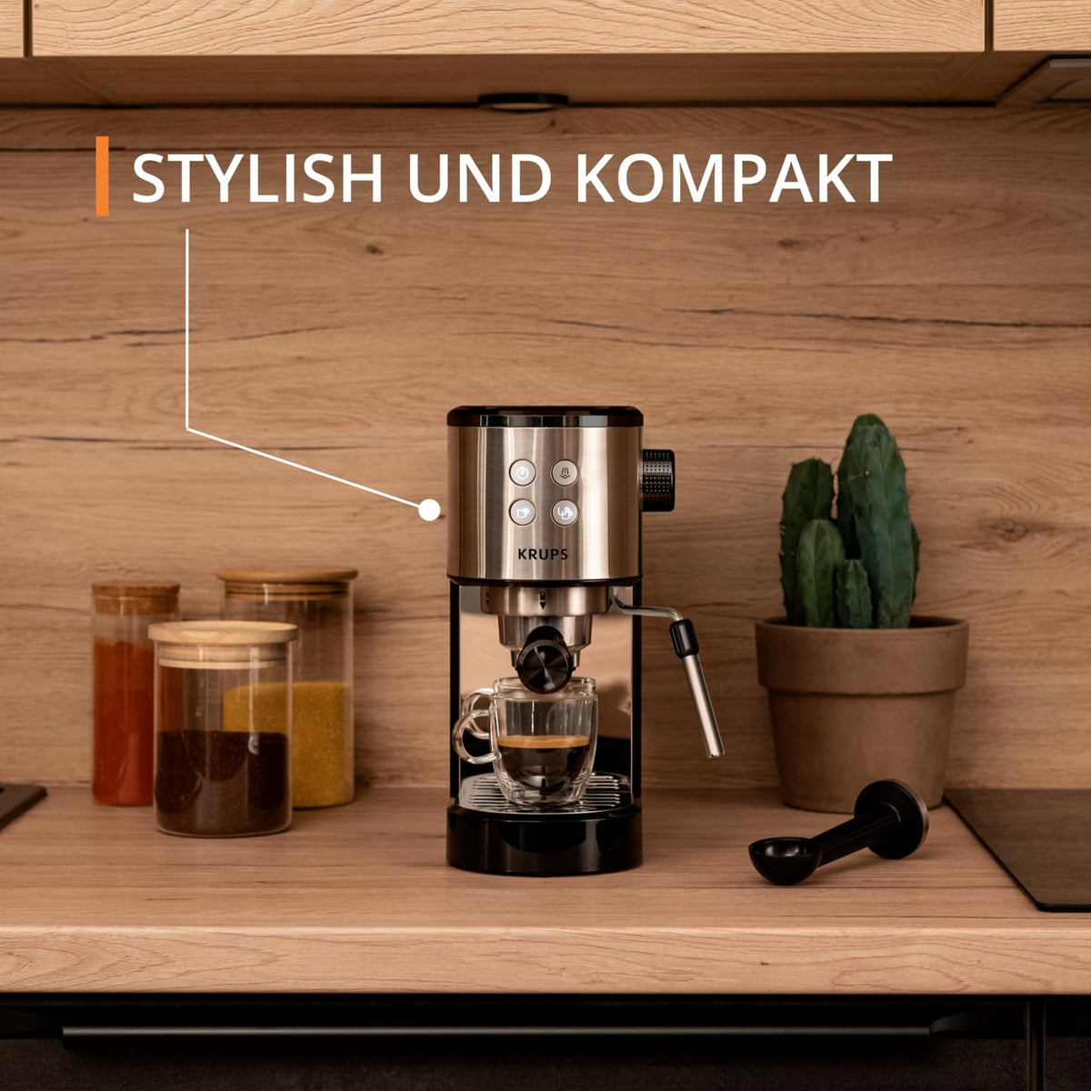 Krups Virtuoso Essential Espresso Machine, 15 bar, stainless steel accents, sleek design, control panel with 4 functions, including barista accessories, stainless steel, XP441810