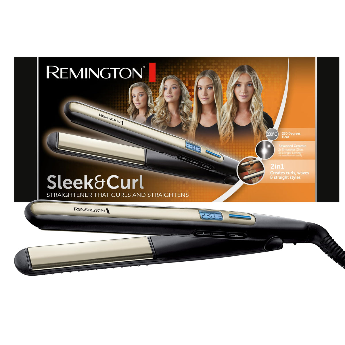 Remington Sleek & Curl Straightener (rounded design - ideal for straightening & styling curls and waves, high-quality ultra-tourmaline ceramic coating) LCD display, 150-230°C, Hair Straightener S6500
