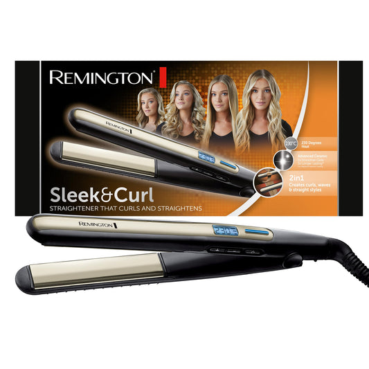 Remington Sleek & Curl Straightener (rounded design - ideal for straightening & styling curls and waves, high-quality ultra-tourmaline ceramic coating) LCD display, 150-230°C, Hair Straightener S6500