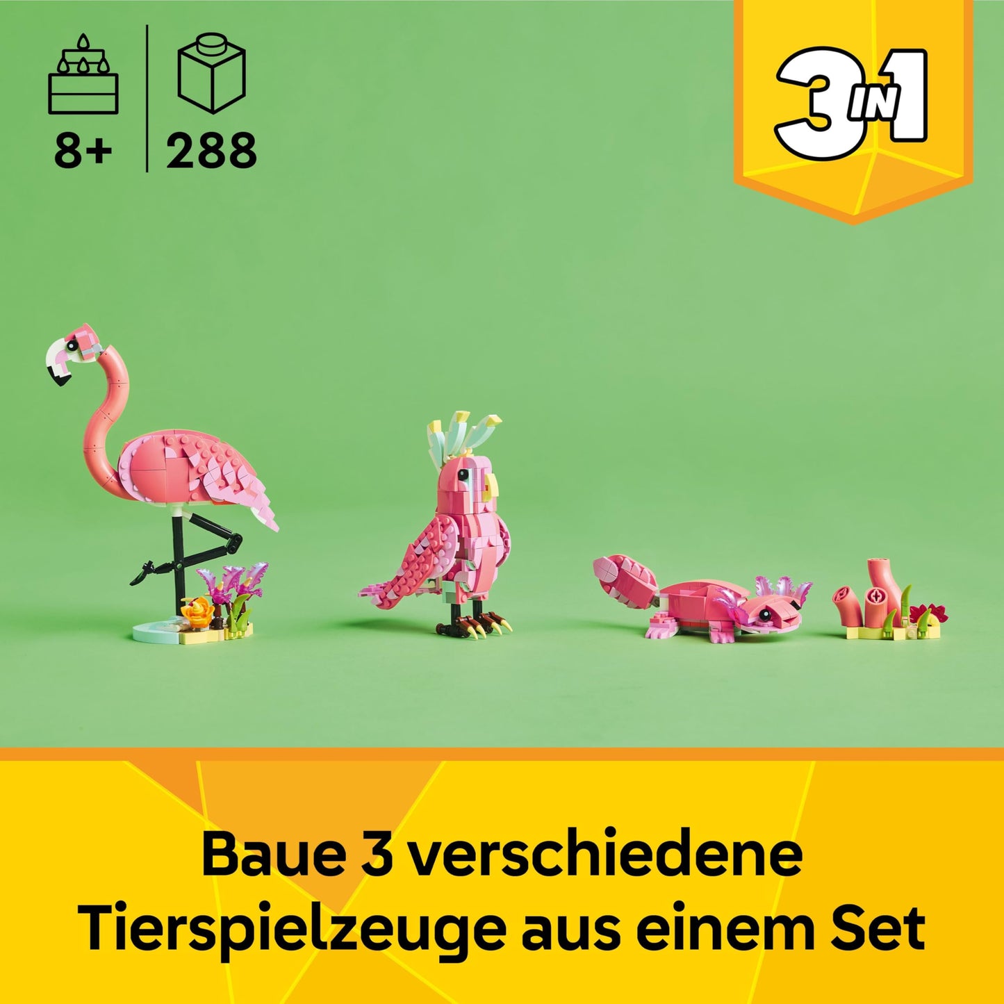 LEGO Creator 3in1 Wild Animals: Pink Flamingo - Convertible into Cockatoo Parrot Figure or Axolotl - Creative Birthday Gift for Girls & Boys from 8 Years - 31170