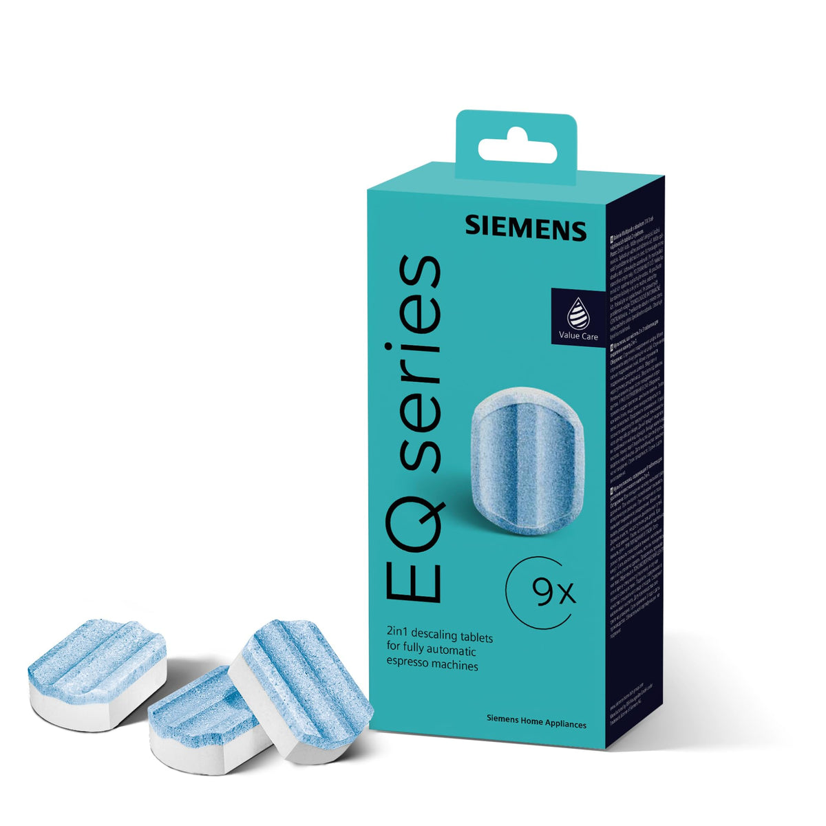 Siemens Multipack TZ80032A, 9 descaling tablets, protects against corrosion, suitable for EQ series fully automatic coffee machines as well as built-in fully automatic machines.