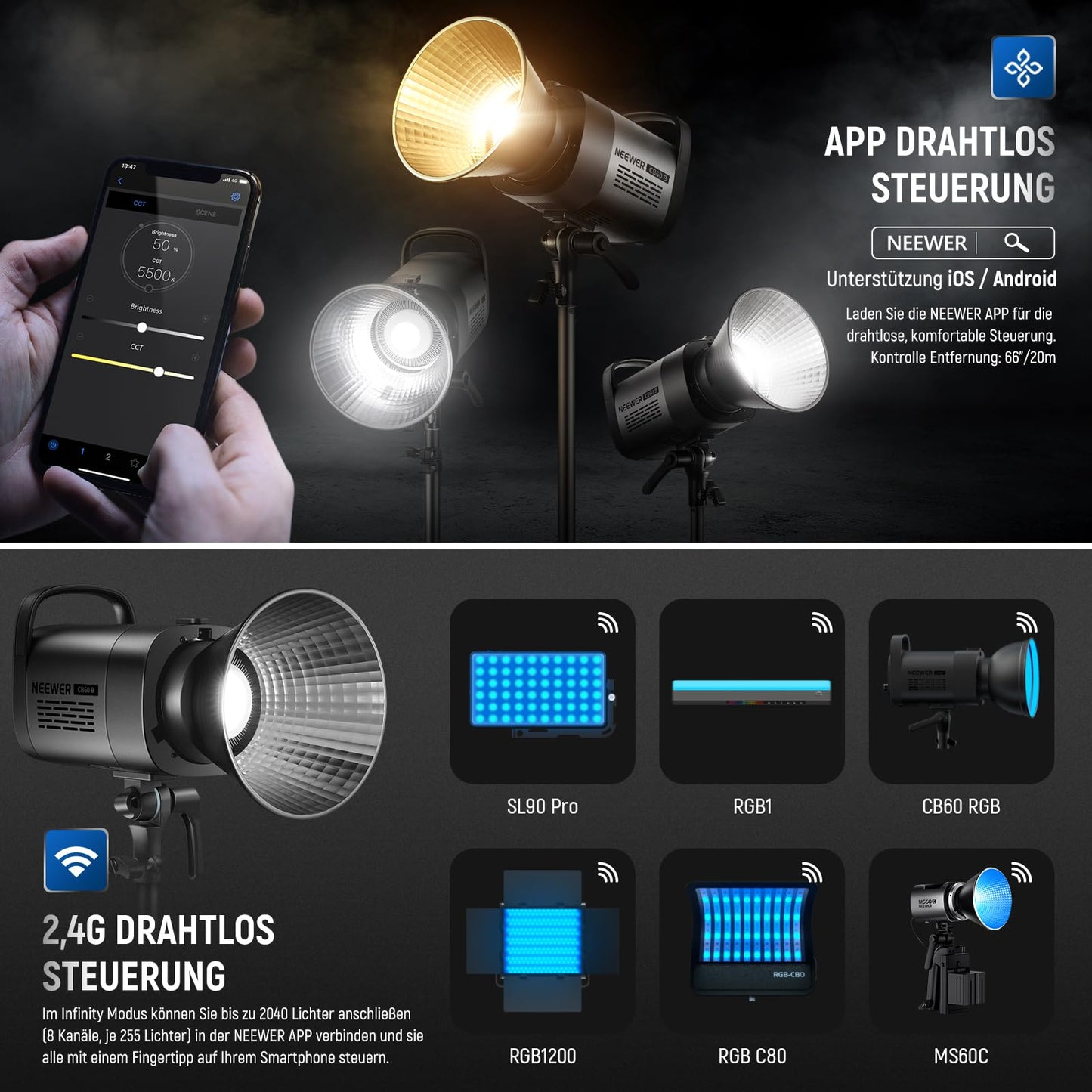 NEEWER 70W LED video light, 2.4G and APP control, two-tone 2700K-6500K video light, 34000 lux/1m, CRI97+/12 scenes/Bowens COB continuous light for studio photography video recording and streaming, CB60B - 10102325