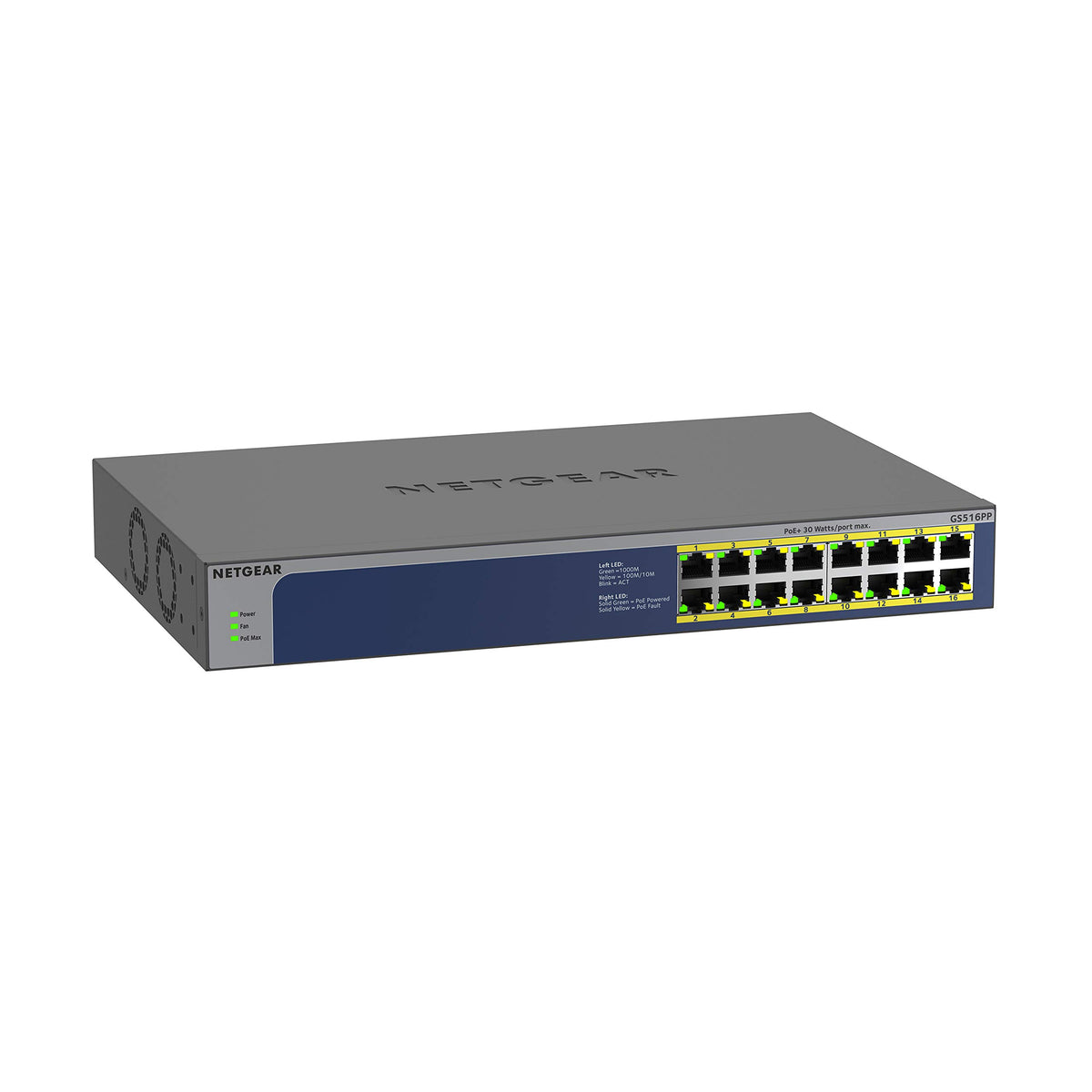 Netgear GS516PP Switch LAN Gigabit cu 16 porturi PoE (16x PoE+ 260W, Switch de rețea Plug-and-Play, montare pe birou sau în rack de 19 inch, garanție pe viață ProSAFE) - GS516PP-100EUS