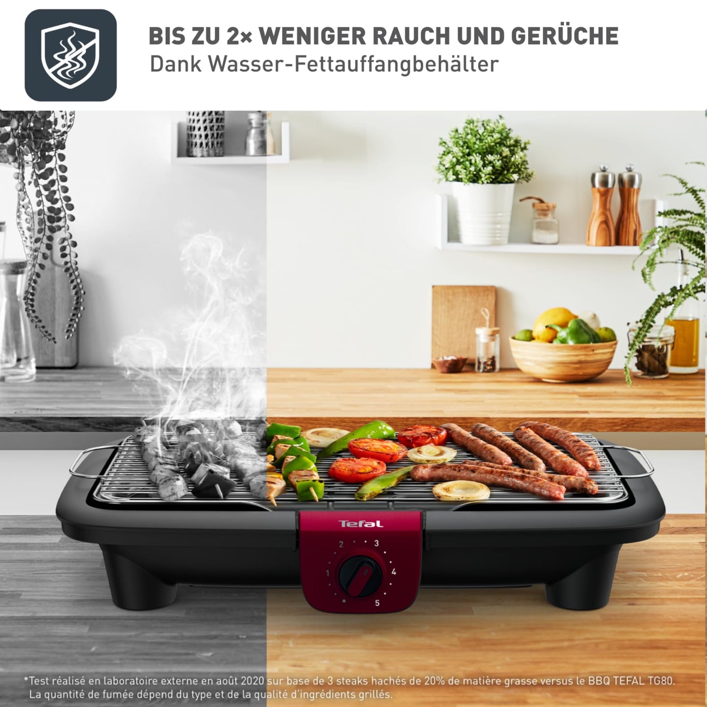 Tefal Easygrill Adjust Red electric grill, 2300 watt table grill, 870 cm² grill area, easy to clean, grill grate and drip tray dishwasher safe, completely dismantled, black/burgundy red, BG90E5
