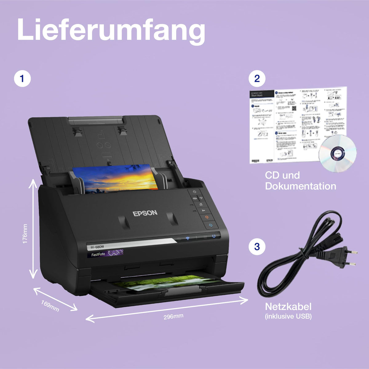 Epson FastFoto FF-680W Scanner (scans 10 x 15 photos in one second, up to DIN A4, double-sided scanning, automatic alignment, cropping and optimization, easily save images) - B11B237401