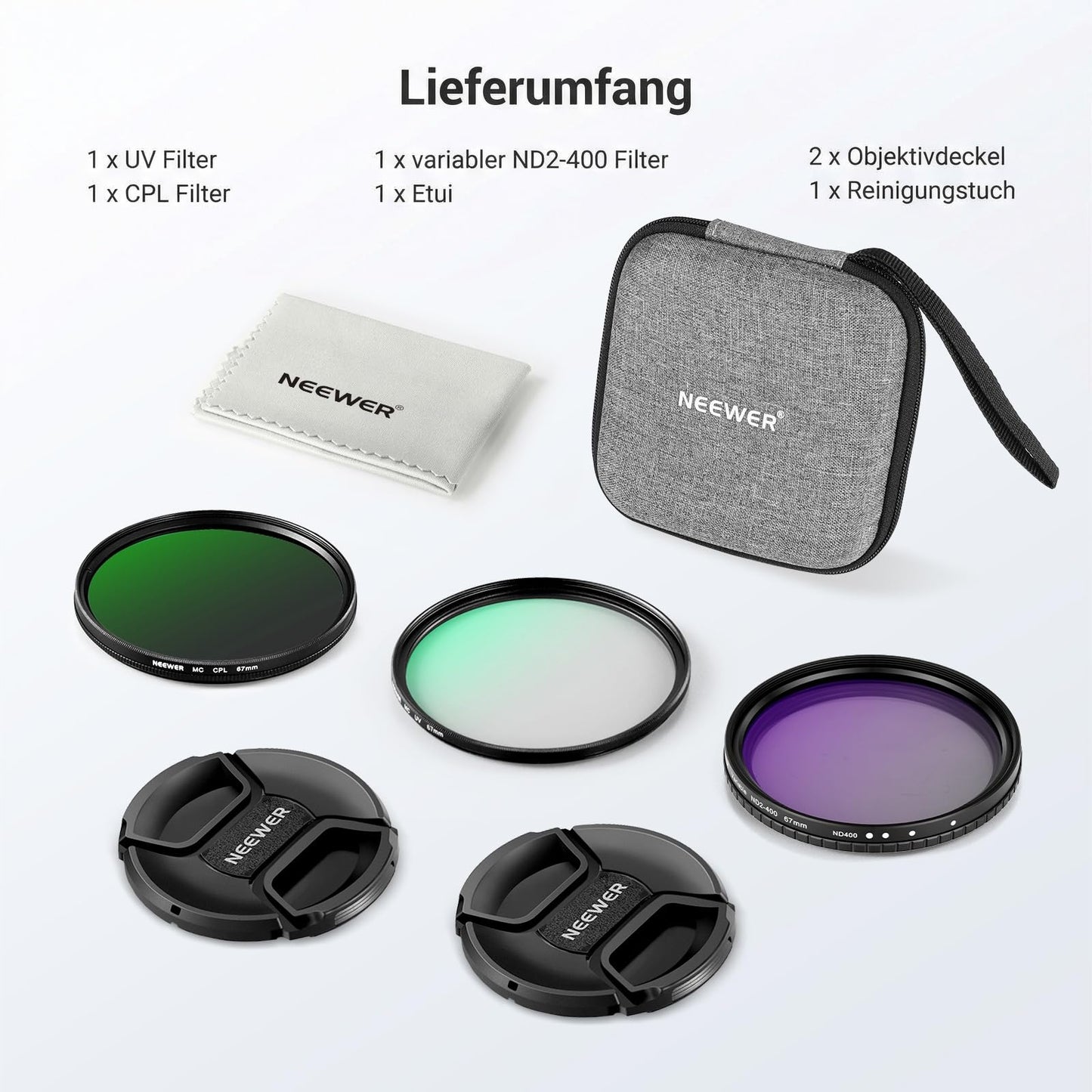 NEEWER 67 mm variable ND + CPL + UV filter set, pack of 3, multi-coated gray filter (ND2-400) circular polarization filter camera lens polarizing filter, photo accessories with carrying case lens caps - NW
