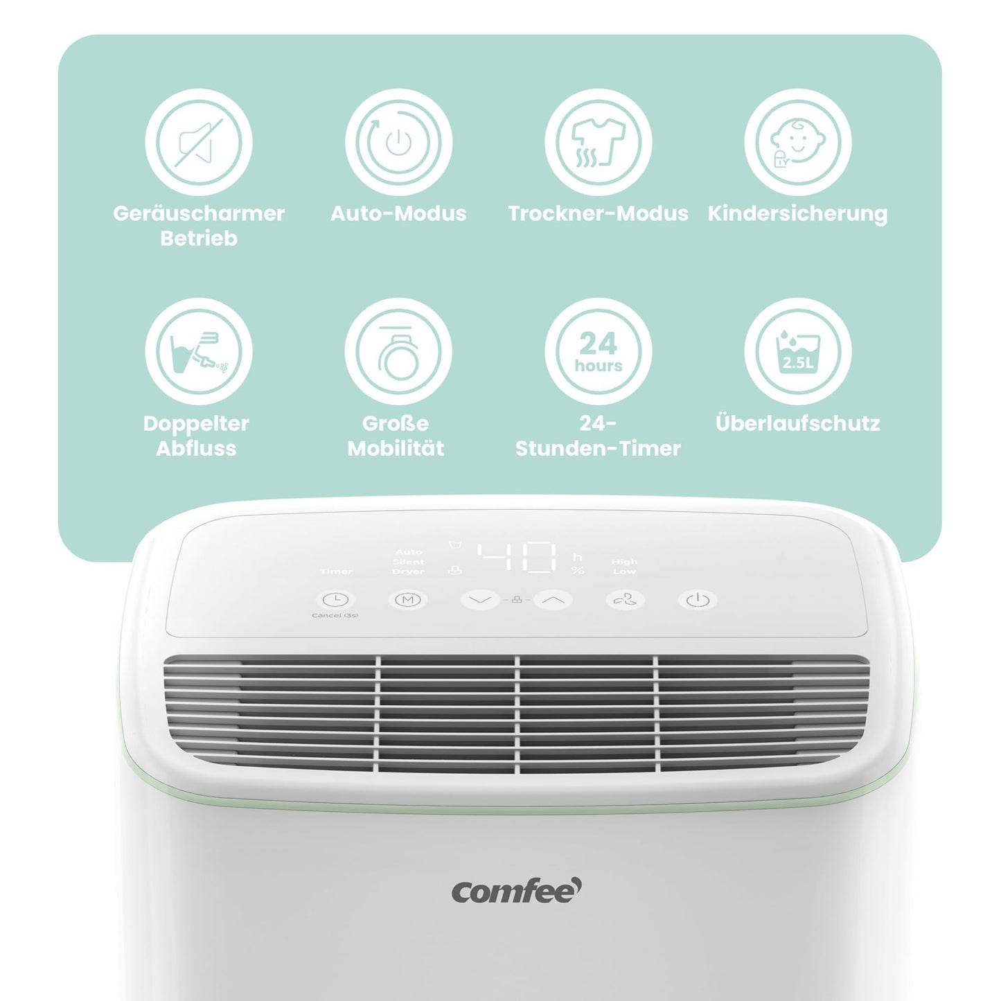 COMFEE dehumidifier 12 liters/day, suitable for rooms of approx. 50 cubic meters (20 square meters), automatic defrost, child lock, noise reduction, refrigerant R290, CDDOE-12DEN7-QA3 (EU)