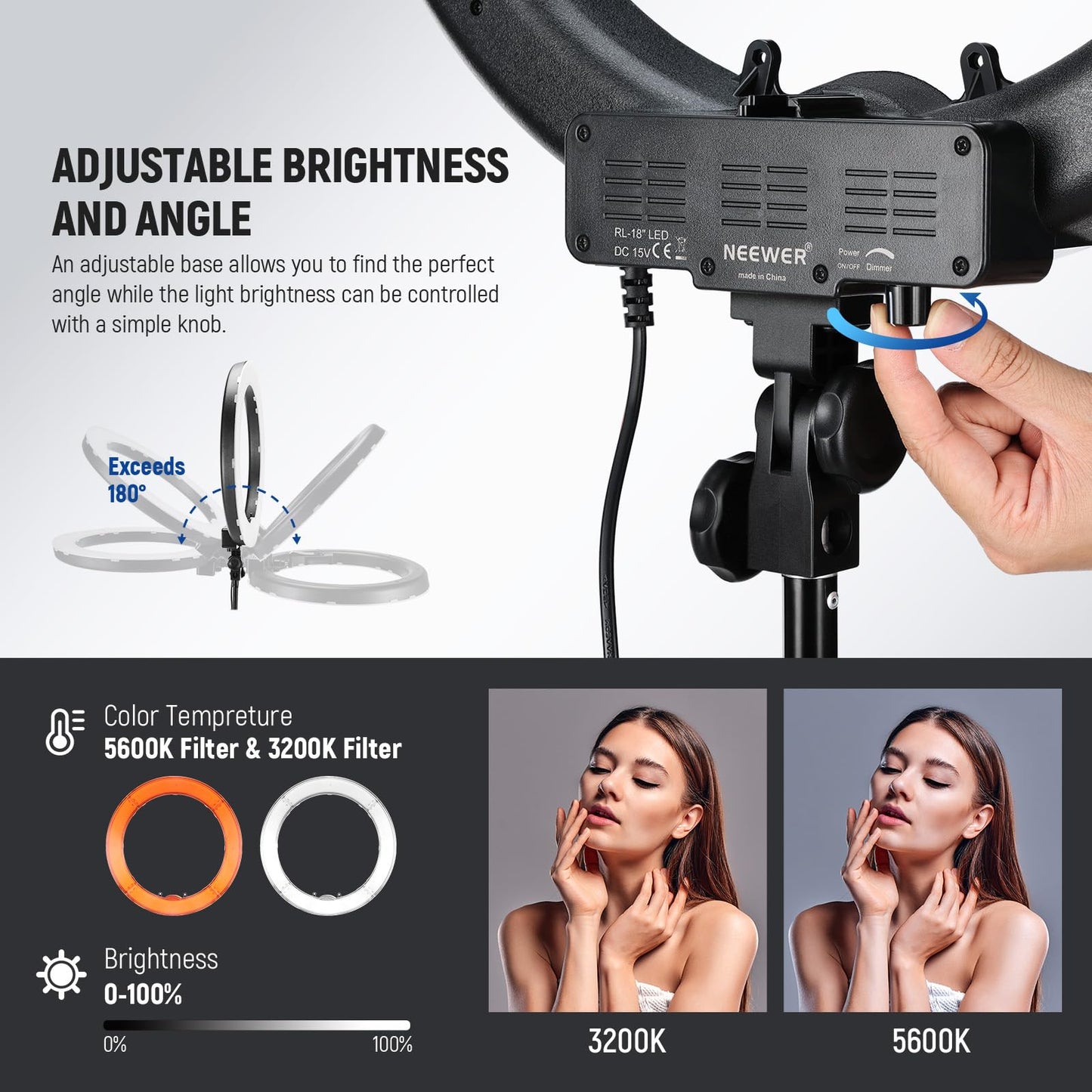 NEEWER ring light with tripod set: 18 inches/45cm outdoor 55W 5600K dimmable LED ring light with Bluetooth remote control for cell phone/camera for YouTube TikTok self portrait photo, tattoo artists, make-up, salons - RL-18