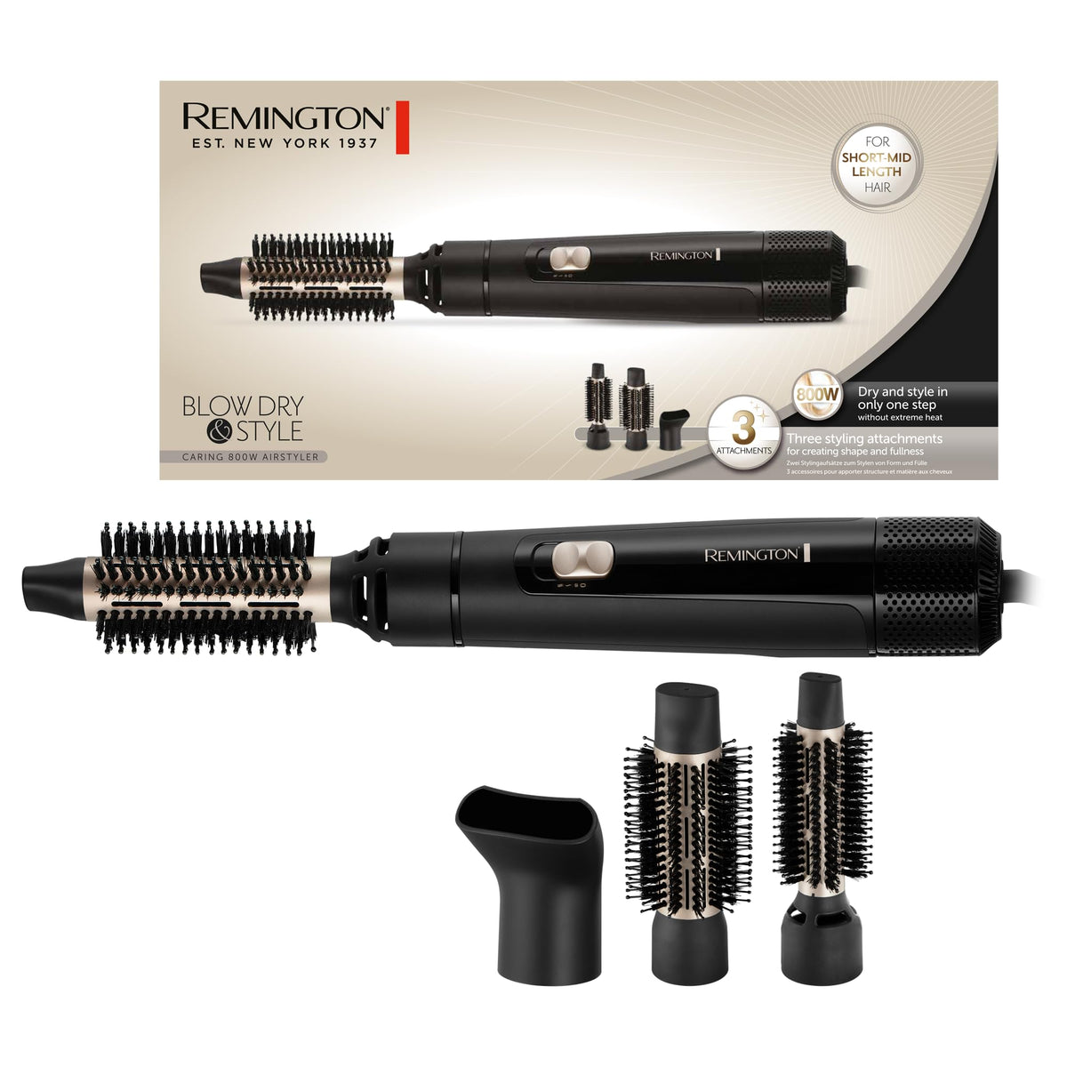 Remington Warm Air Brush [includes 3 attachments: 25mm & 38mm round brush, styling nozzle] Blow Dry & Style (dries & styles for shape & volume for short/medium hair) 2 heat & fan settings, Airstyler AS7300