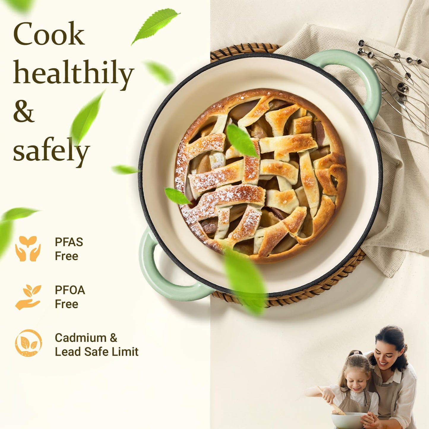 Overmont roasting pan enamel cast iron pot - casserole dish 24cm oven-safe - with lid and cookbook - for kitchen baking stewing roasting pastel green - 24CM-Enamel-Bean
