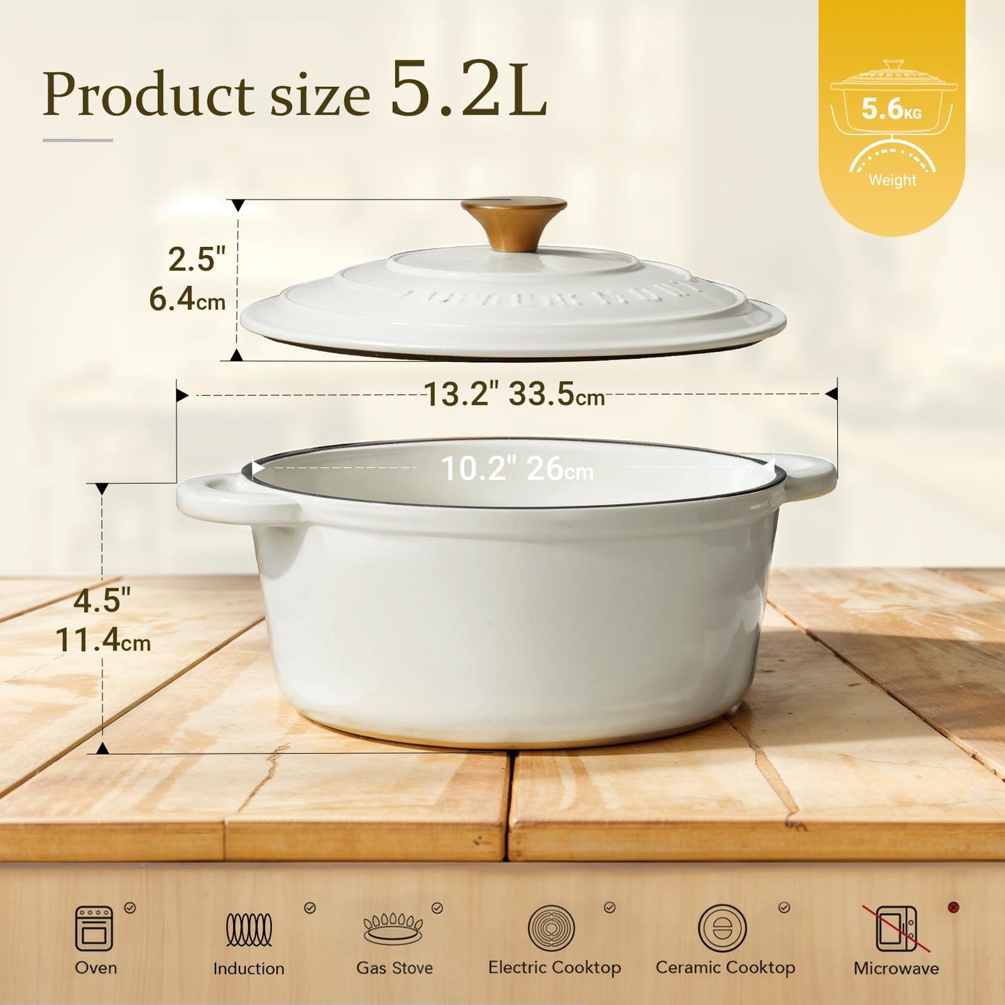 Overmont roasting pan enamel cast iron pot - casserole dish 26cm oven-safe - with lid and cookbook - for kitchen baking stewing roasting pearl white - 26DOPW