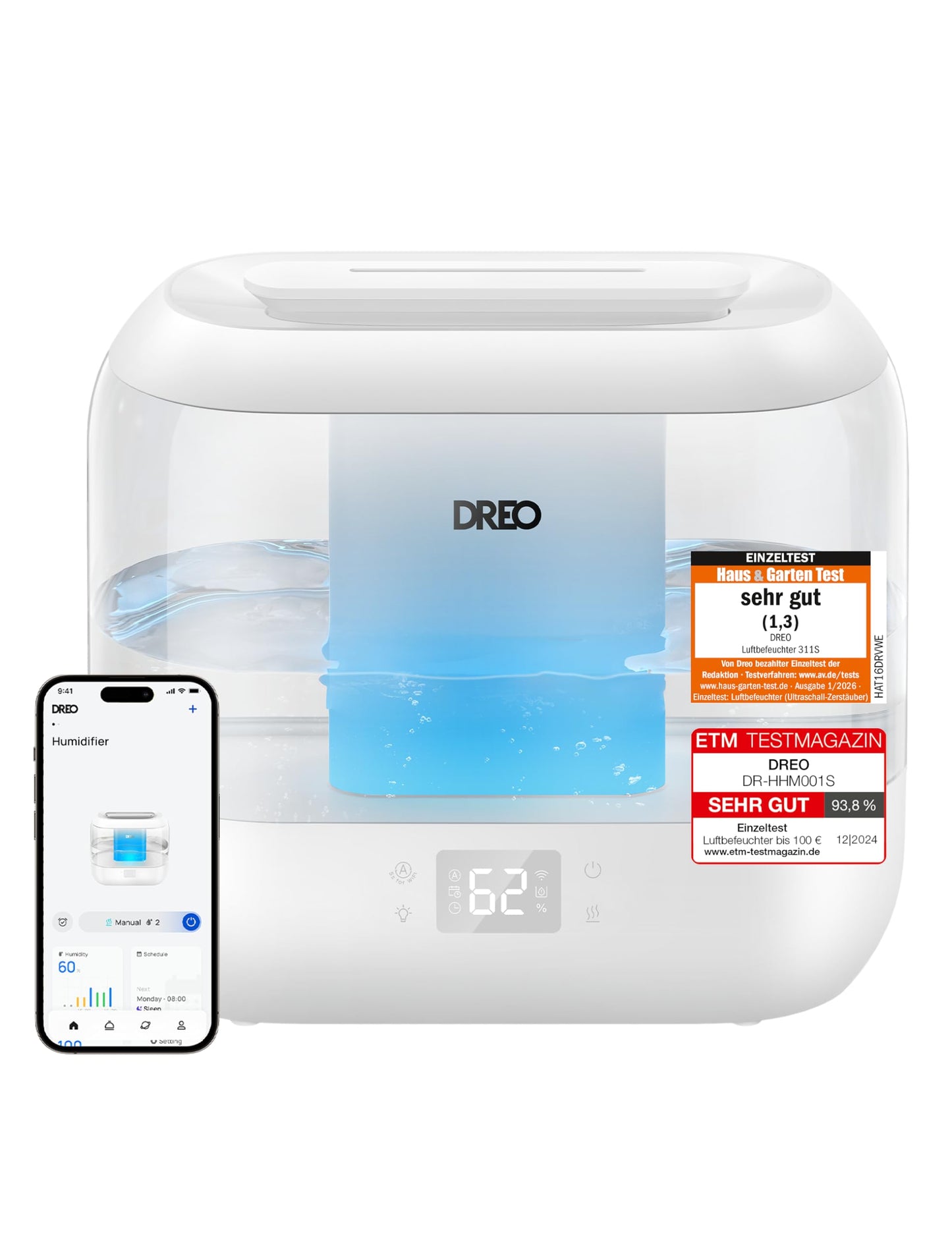 DREO Smart Humidifier for Bedroom, Top Fillable 4L Large Cooler Mist Humidifier with Oil Diffuser and Night Light, 36 Hour Runtime, Quiet Ultrasonic Humidifier for Home - DR-HHM001S