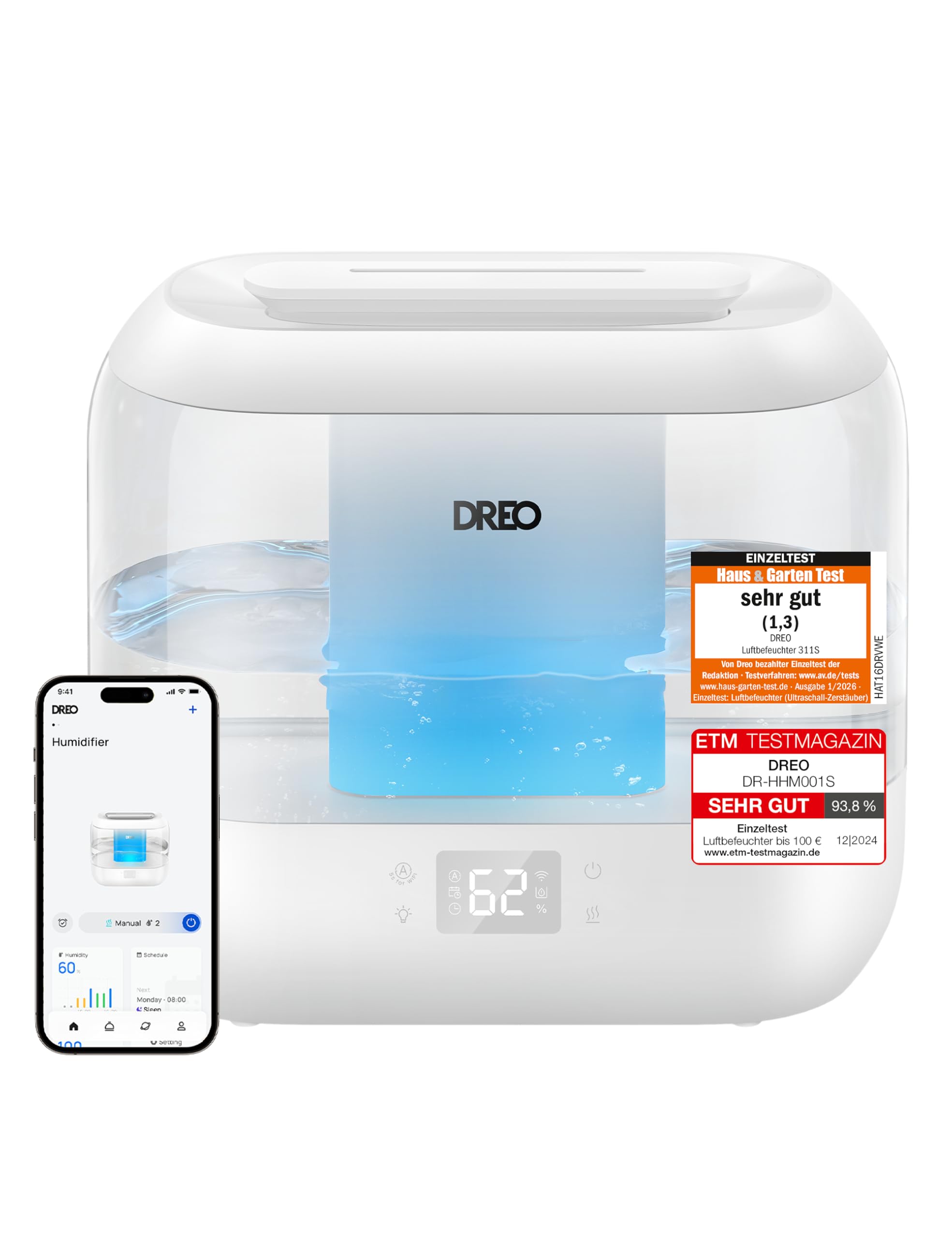 Umidificator inteligent DREO pentru dormitor, umidificator de ceață rece, cu umplere superioară, de 4 l, cu difuzor de ulei și lumină de noapte, autonomie de 36 de ore, umidificator ultrasonic silențios pentru casă - DR-HHM001S