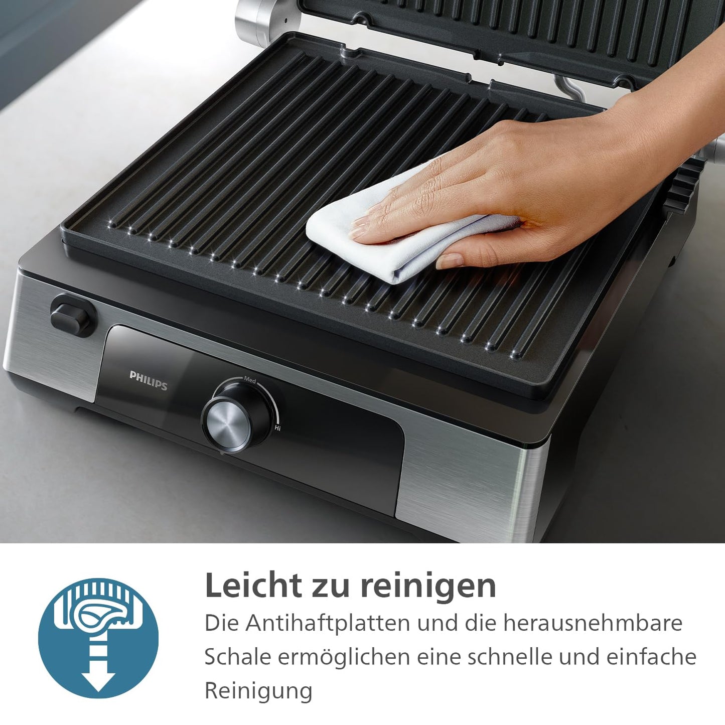 Philips contact grill - adjustable temperature 60°C-200°C. Can be opened 180°. Large grill area and high power performance. Removable non-stick plates and fat drip tray. (HD6301/90)