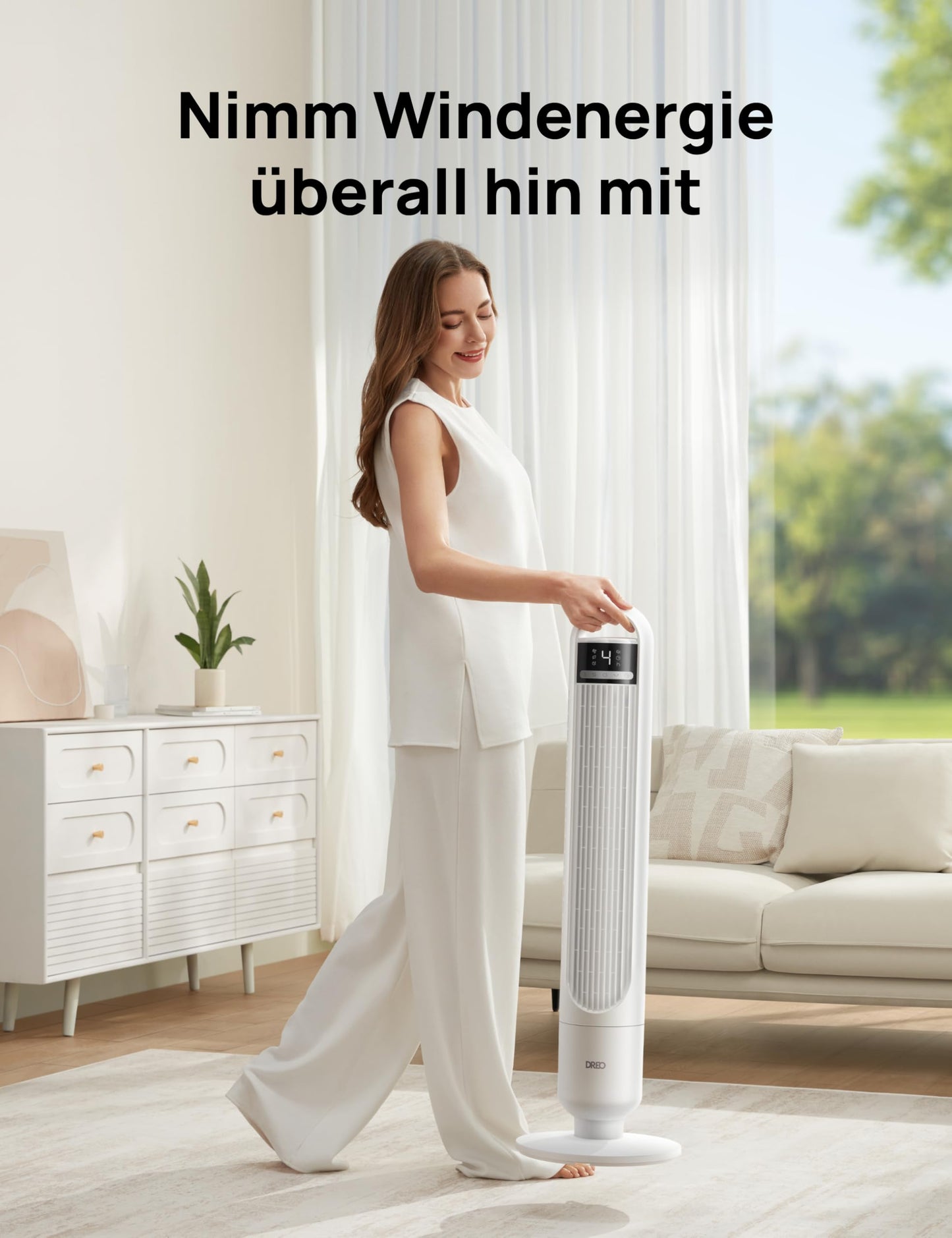 DREO Smart tower fan for the bedroom, quiet pedestal fan with 28 dB, air range up to 8.8 m, 4 levels & 3 modes, 8 hour timer, app, Alexa & Google, 90° oscillation, for home/office - DR-HTF017S