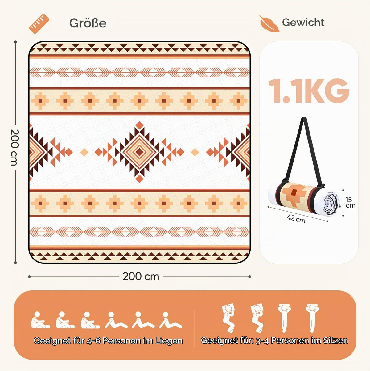 Pătură de picnic Sekey Boho Impermeabilă 200 x 200 cm Pătură de plajă fără nisip | Structură căptușită, cu trei straturi, bază impermeabilă PEVA, curea de transport cu cureaua de cravată, potrivită pentru picnic, camping, plajă - PM22